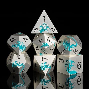 Matte Silver Blue Dragon Metal Dice Set,7 PCS Heavy Zinc Alloy DND Dice with Magnetic Gift Box for Dungeons & Dragons Tabletop Games Matte Silver Blue Dragon