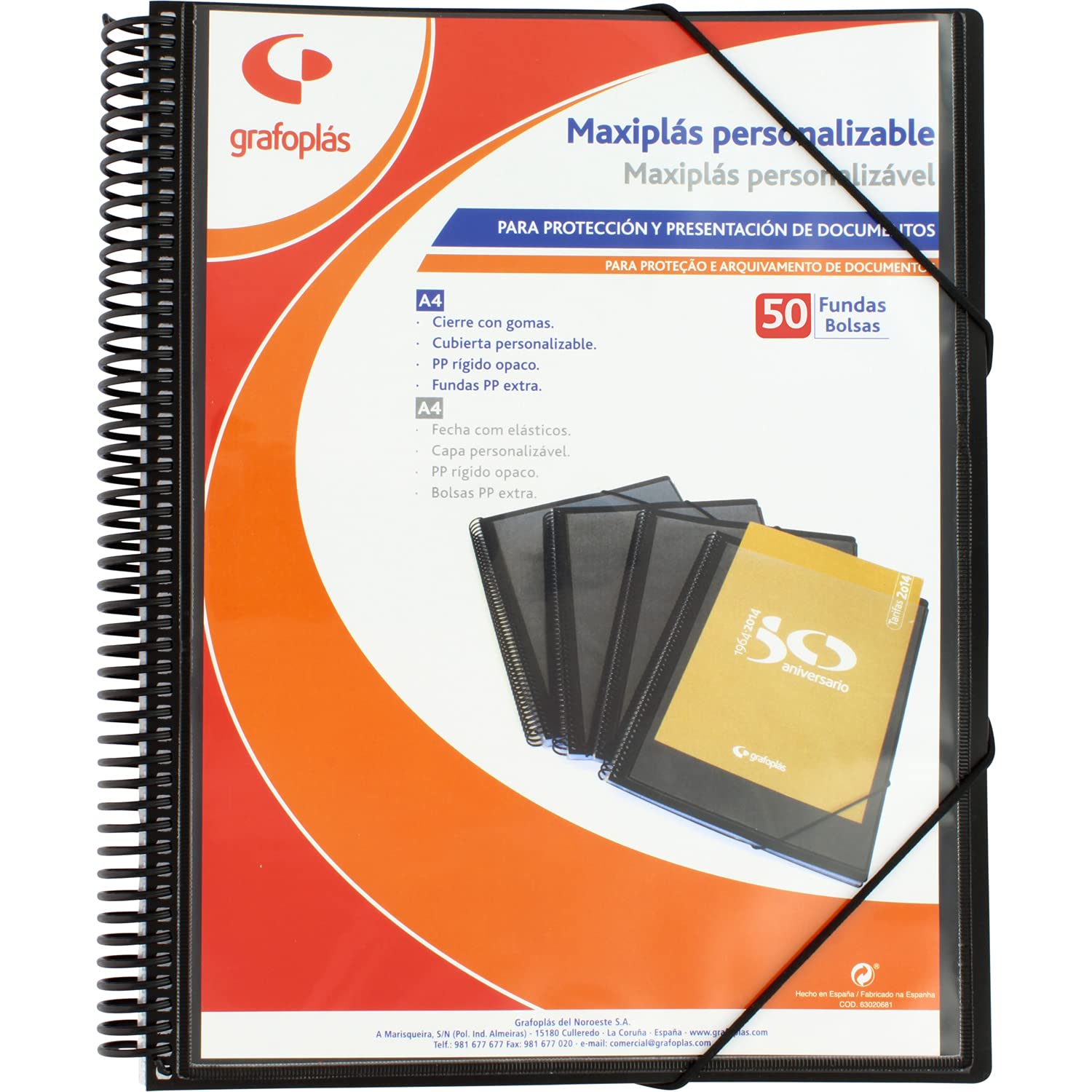 Grafoplas Spiral Binder with 50 Sleeves with Polypropylene Rubber, Black