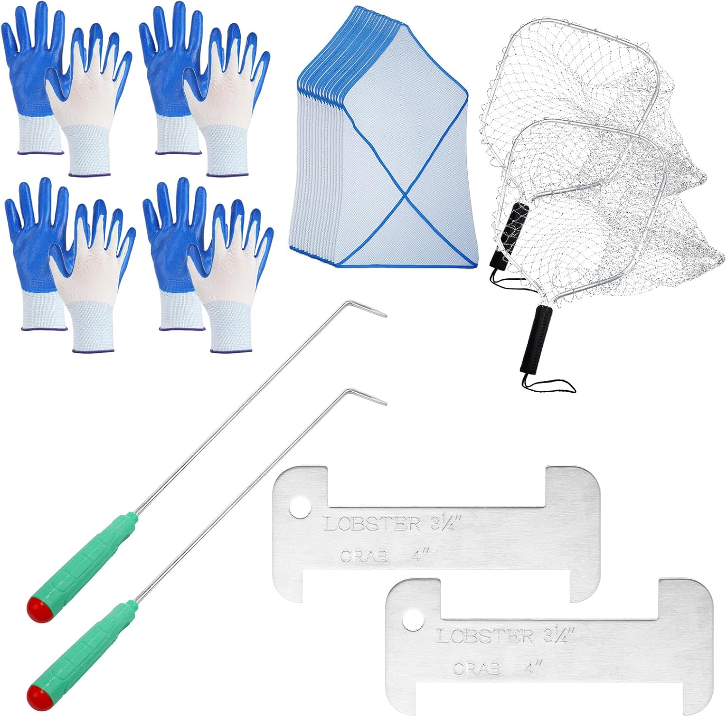 Lobster Catching Kit Includes 2 Aluminum Tickle Stick, 20 Mesh Keeper Bag, 2 Lobster Gauge, 2 Landing Net and 4 Pairs of Rubber Dipped Gloves