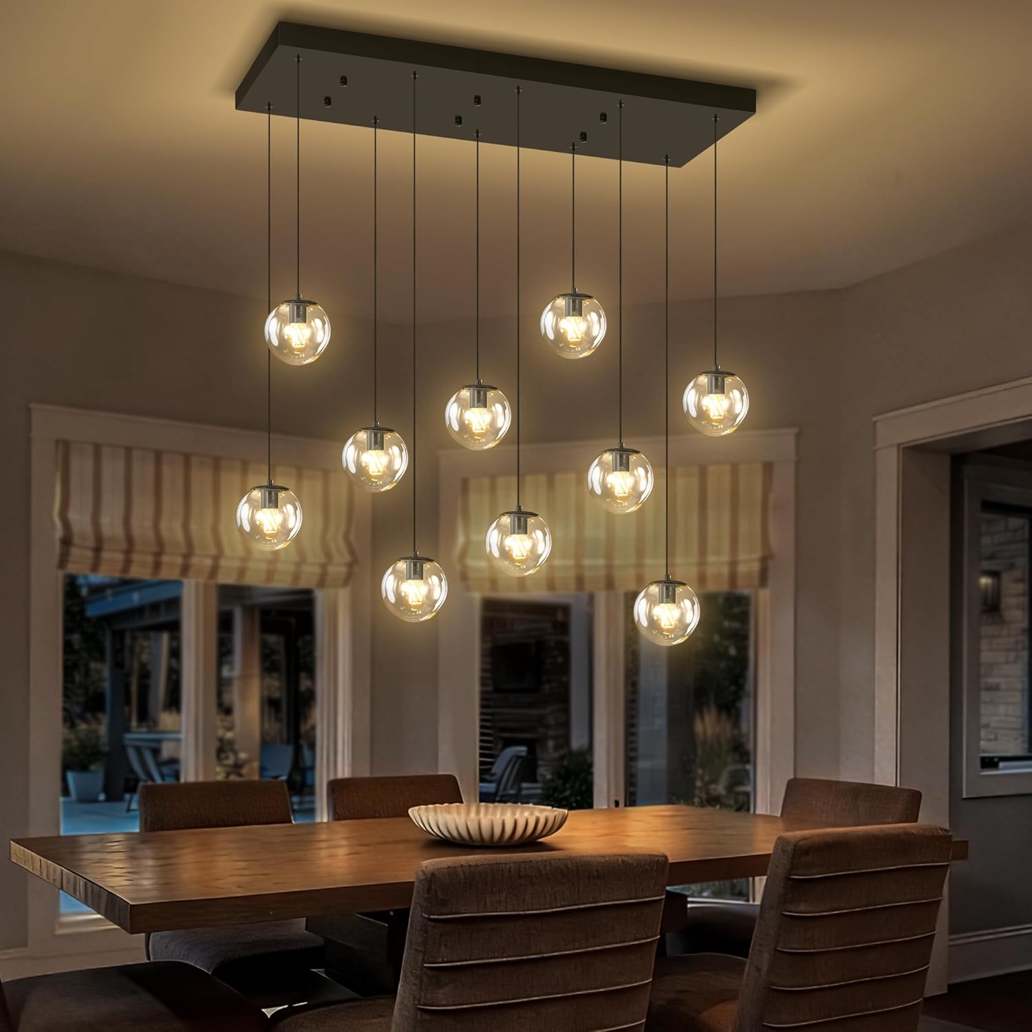 ykolupty Modern Rectangular Chandelier,10 Lights Glass Globe Chandelier Lighting,Industrial Linear Pendant Light Fixture for Dining Living Room Kitchen Island
