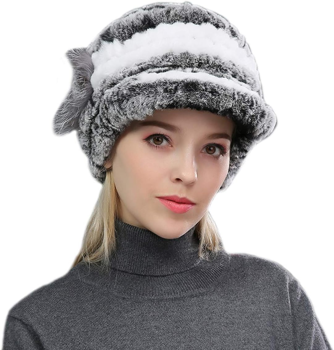 Women's Real Rex Rabbit Hair Knit Hat Elastic Cap for Winter Warm Visor