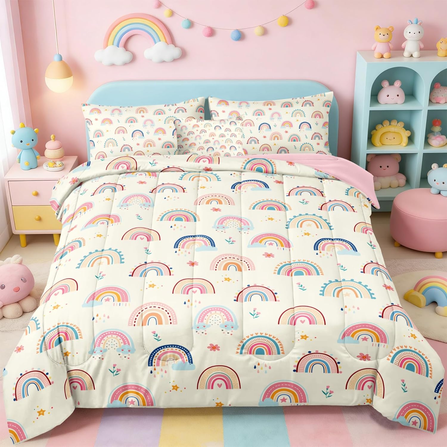 BDUCOK 6 Pieces Beige Rainbow Comforter Set Queen Size Cute Colorful Bed in a Bag Bedding Set for Girls Kids Teens Super Soft Bedding for Bedroom Decor 3063Queen