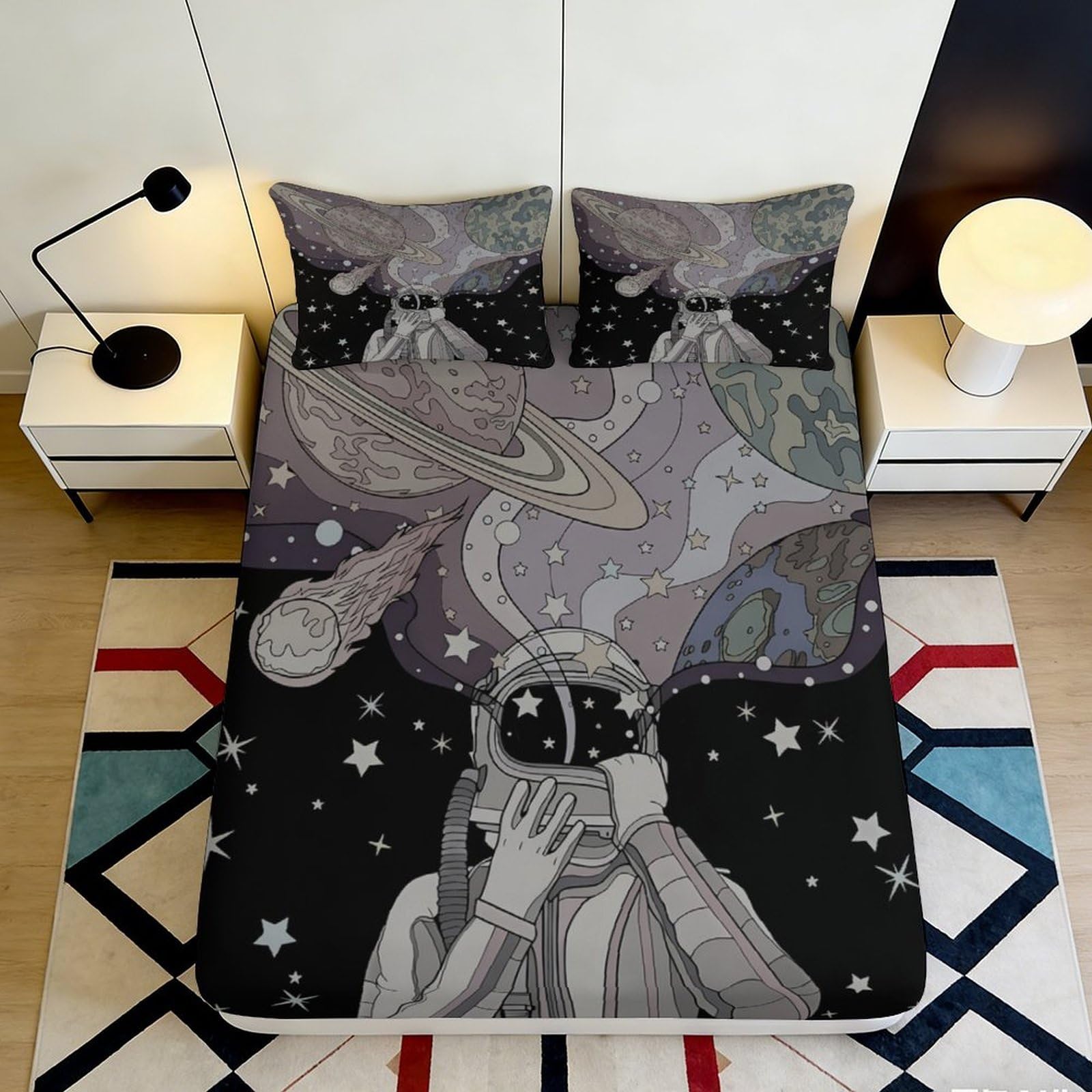 3D Printed Astronaut Galaxy Fitted Sheet Microfiber Soft Breathable Cosmic Nebula Mattress Cover for Bedroom Decor 90x200x25cm