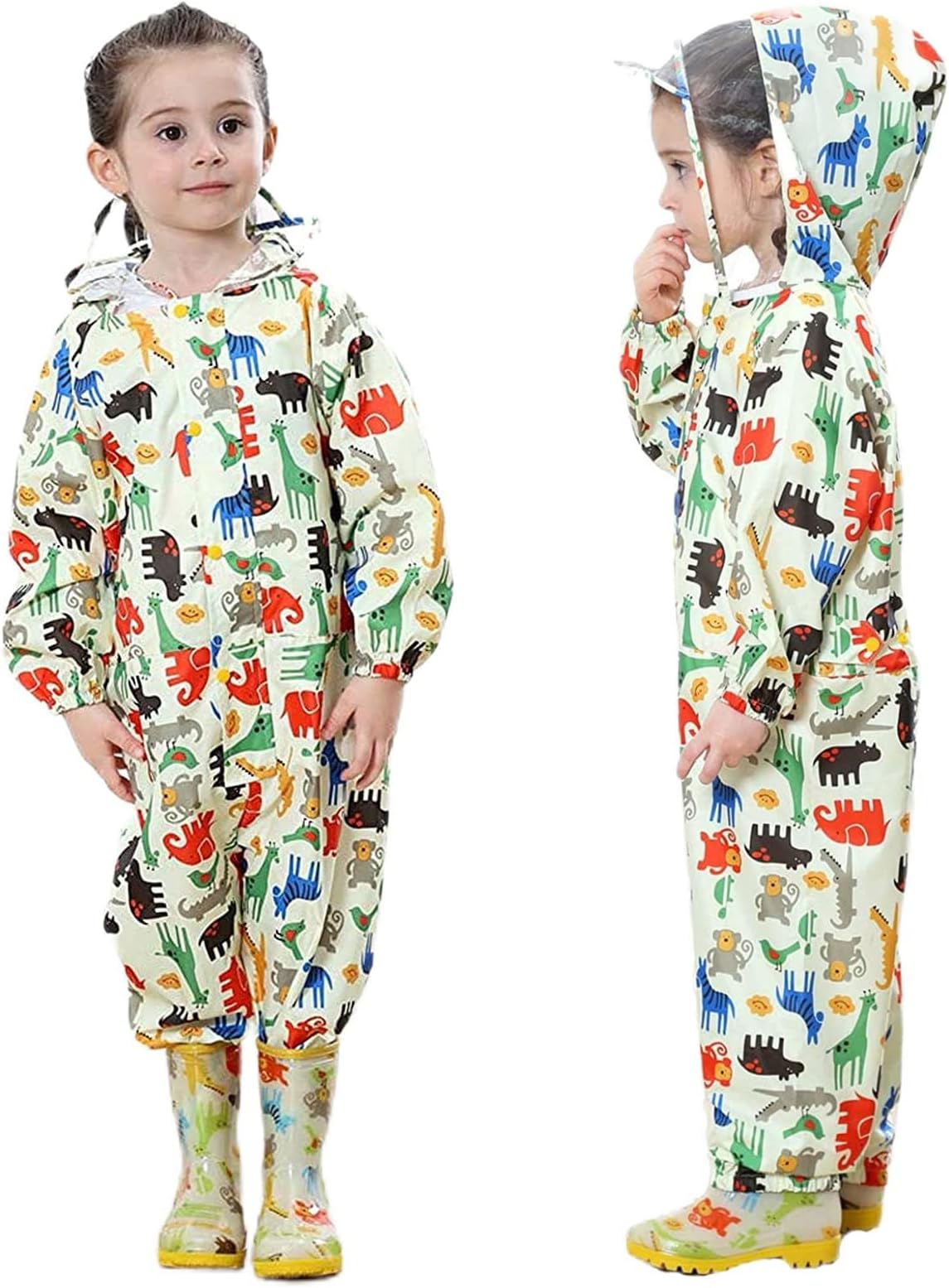 Kids Rain Suit Toddler Hooded Rainsuit Poncho Full Body One Piece Coveralls Raincoat for Girls and Boys 1-7 Years