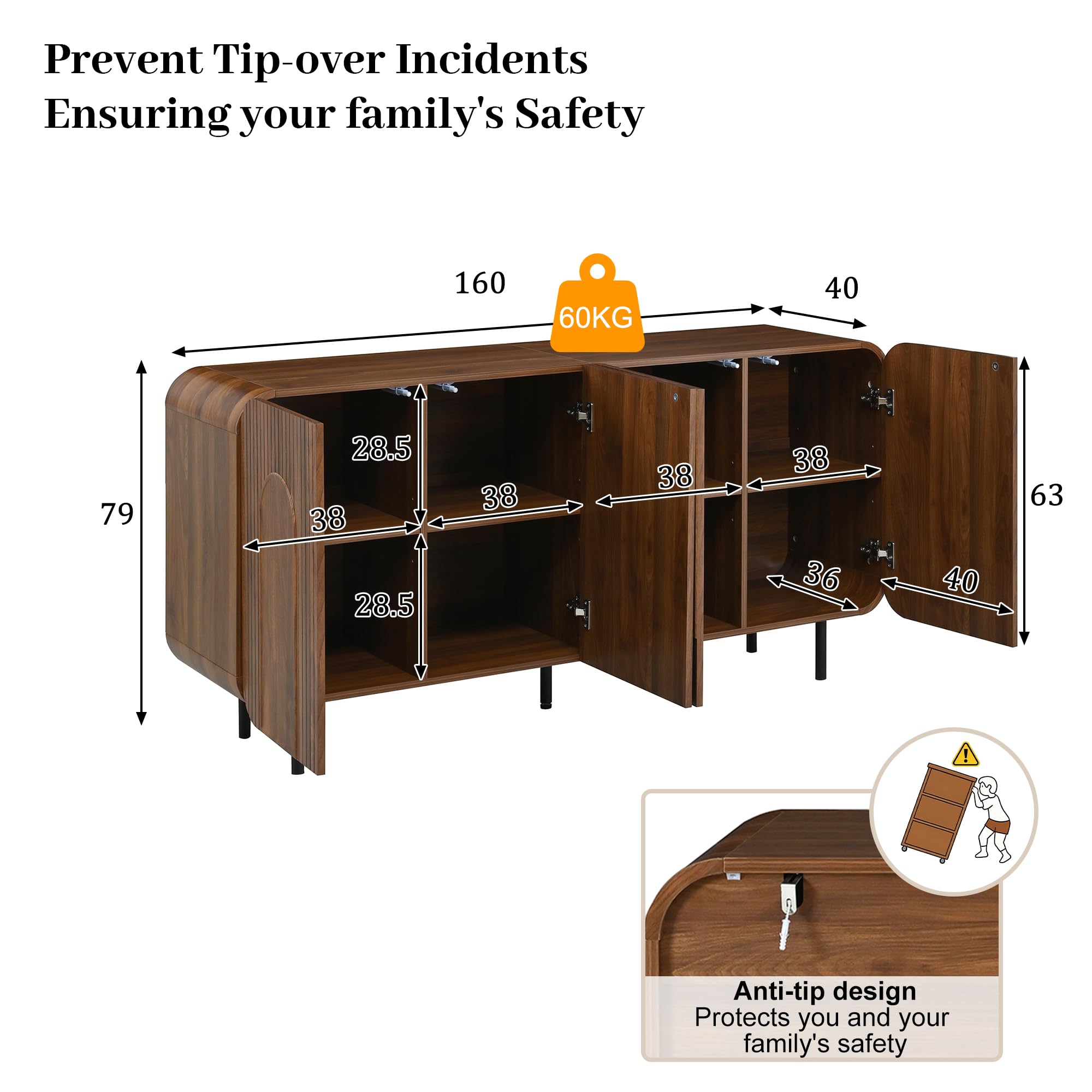 Credenza con 4 ante e ripiani regolabili, armadietto da cucina con angoli arrotondati e goffratura geometrica, 160 x 40 x 79 cm, noce