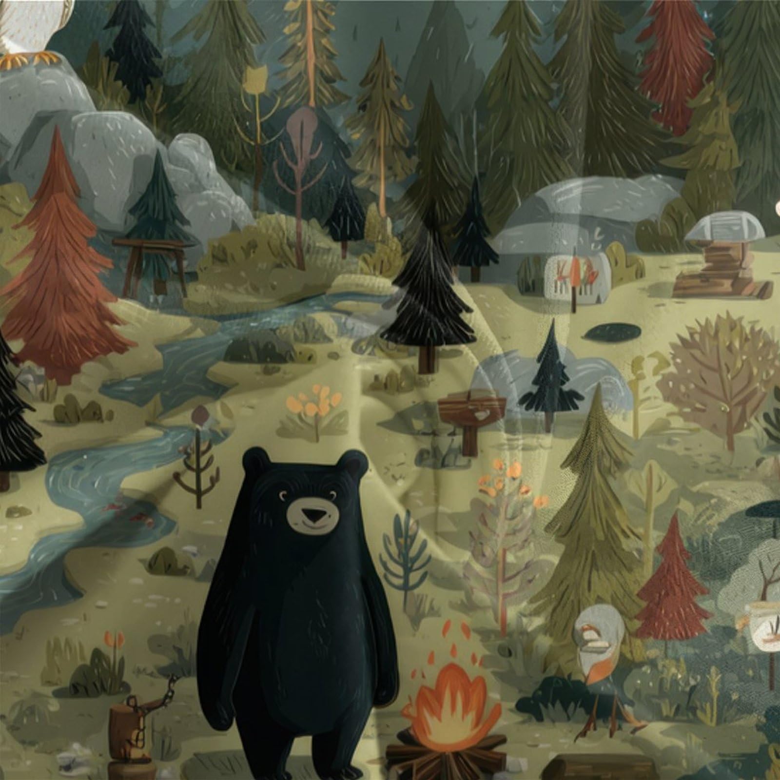 Wald Camping Szene 3-teiliges Reines Polyester Illustriertes Naturabenteuer Bettbezug, Versteckter Reißverschluss, Krippenbettwäsche, Babysicher & Pflegeleicht King（220x240cm）