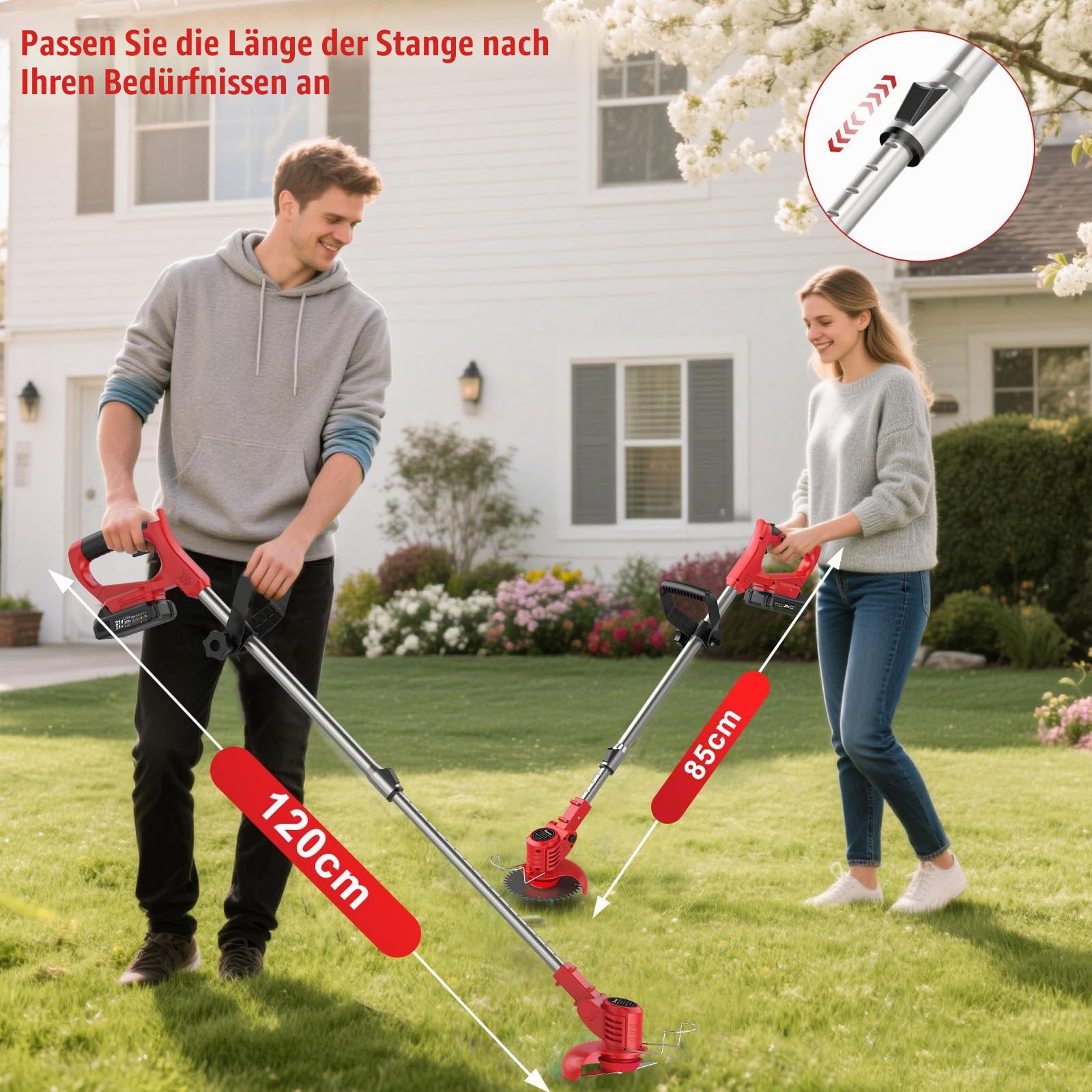 Bamse Rasentrimmer mit Akku – Akku Rasentrimmer, 11000 U/min, 2x2000mAh, Teleskopgriff 85–120cm, 2 Schneidköpfe – Freischneider Akku für Garten, Motorsense, Kantenschneider Rasen, Rot