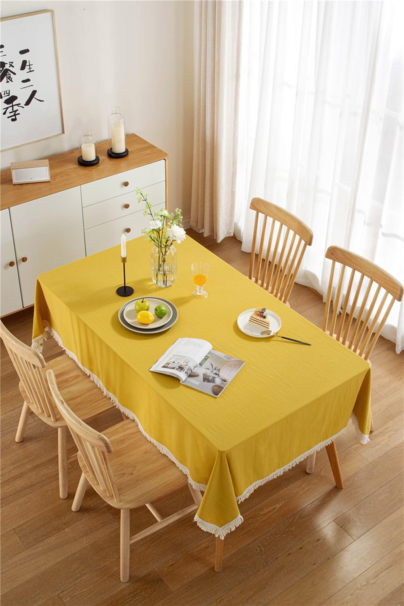 Mantel Rectangular Amarillo, Color Sólido con Borlas, de Algodón Suave, 140 x 250 cm, Mantel para Comedor y Cocina