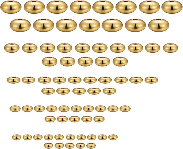 BEEFLYING 75 Pieces Gold Plated Brass Rondelle Spacer Beads 5 Size Disc Loose Metal Beads for Jewelry Making Bracelets Necklaces