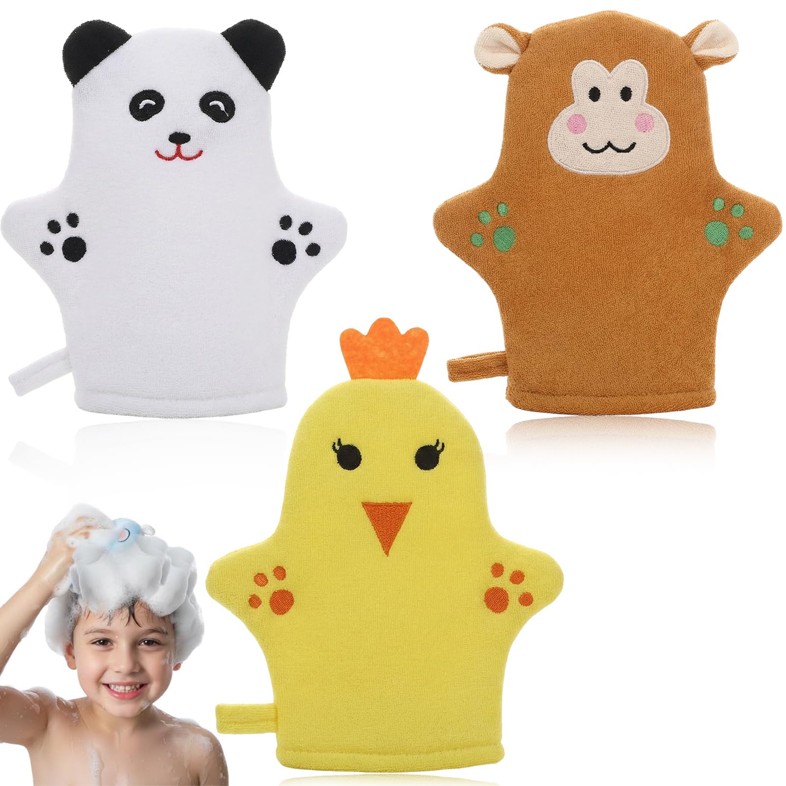 Lot de 3 Gants de Toilette Bébé en Coton, Gants de Toilette Enfant avec Motifs Animaux (Ours, Singe, Poussin), Gant de Toilette Marionnette Rigolo pour le Bain et la Douche, Doux et Absorbant
