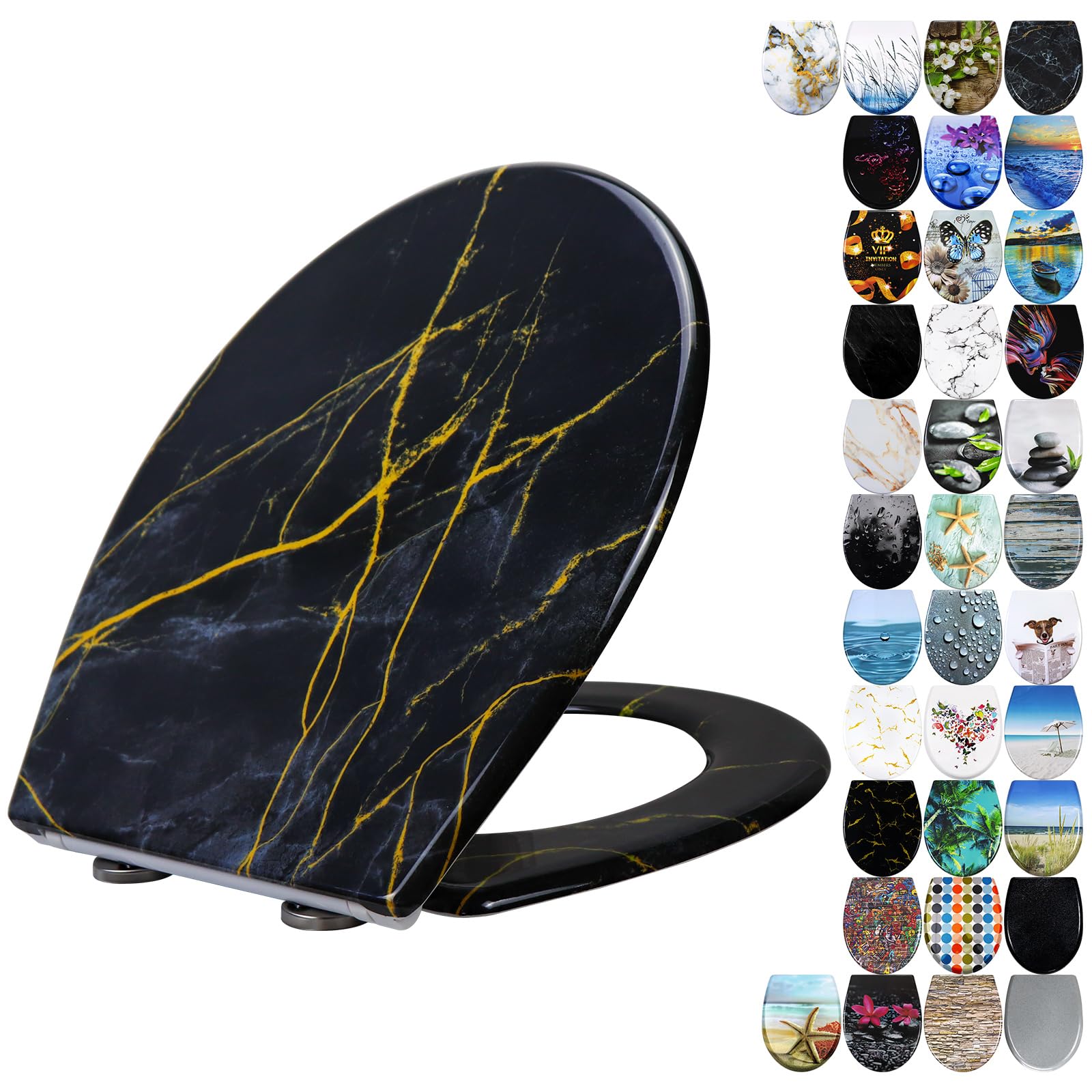 Fanmitrk Duroplast Toilet Seat Soft Close -Black Color,Quick Release Toilet Lid with Top Fixing,Black Marble Effect(UF819-13X) โ image 1