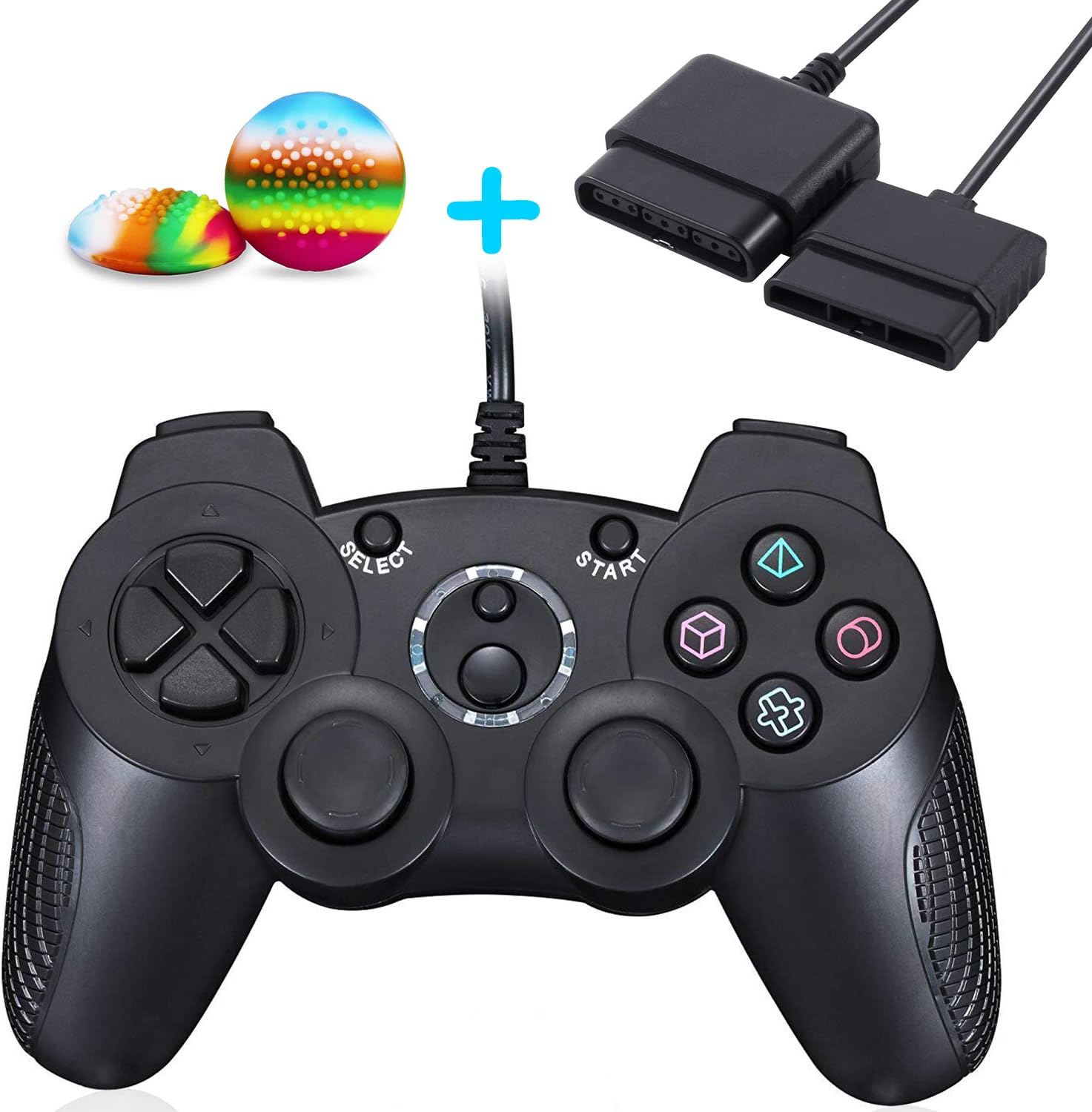 CONNYAM Wired Controller for PS2, Double Vibration Gamepad for Sony Playstation 2 PS2 (Support Turbo), 1 x 6ft Controller Extension Cable and 2 x Thumb Grips Included