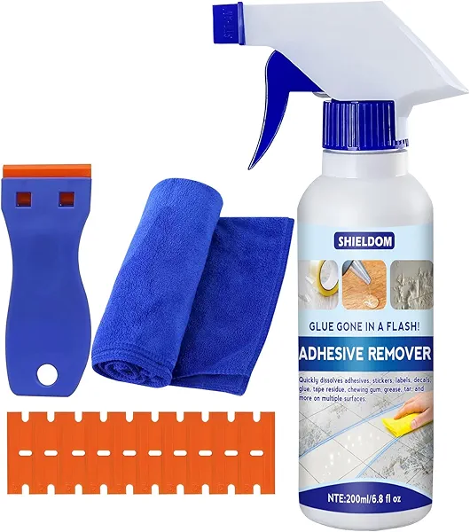 SHIELDOM Adhesive Remover Sticker Removal Surface Safe Glue Remover Rapidly Dissolve & Soften Adhesives Easily Remove Decals, Label, Tape Residue, Gum, Grease with Plastic Scraper & Towel 6.8oz/200ml