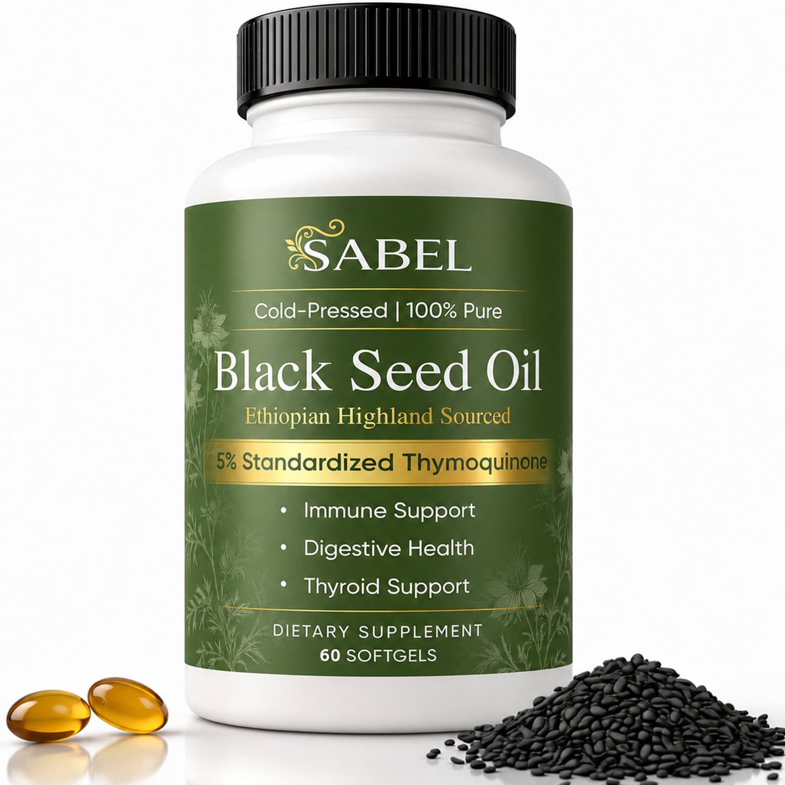 Sabel Ethiopian Black Seed Oil, Cold Pressed Black Seed Oil Capsules, 5% Thymoquinone, Digestive Balance & Daily Wellness Support, Non-GMO, Gluten-Free, 60 Count