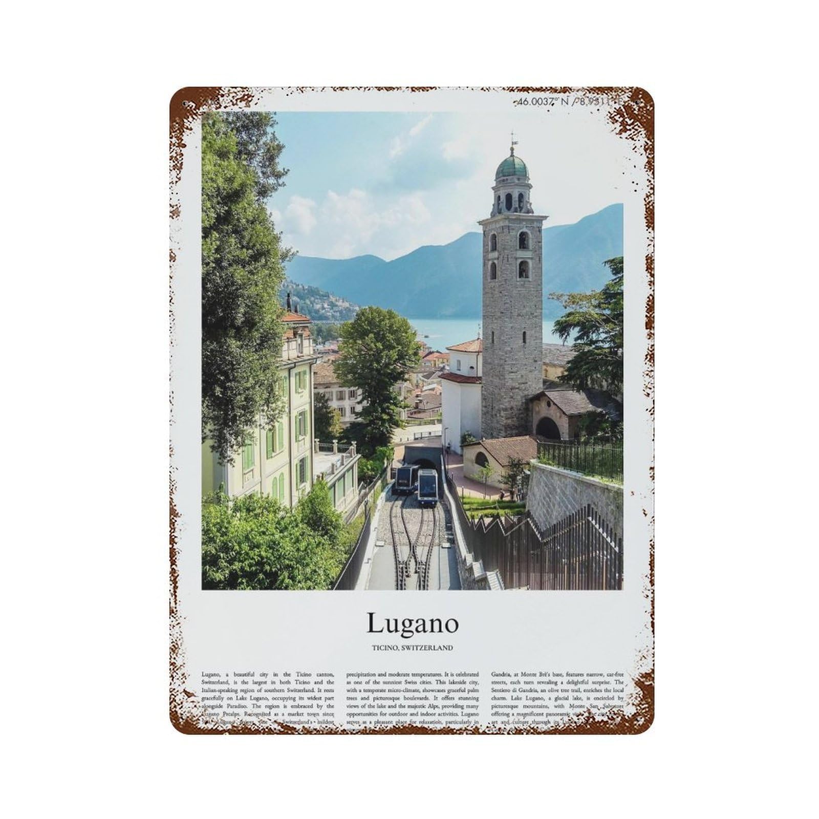 xiaoxiaoshen Lugano Ticino, Switzerland City Scenery Wall Decor Art Metal Tin Poster Modern Home Decor Art Home Bar Shop Decorations Vintage Sign 40x30cm