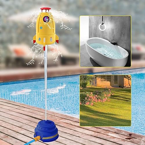 Miniatura 3 de Rociador de cohete, aspersor de agua al aire libre para niños, con rotación aérea de 360 grados, para patio trasero, jardín, césped al aire libre,