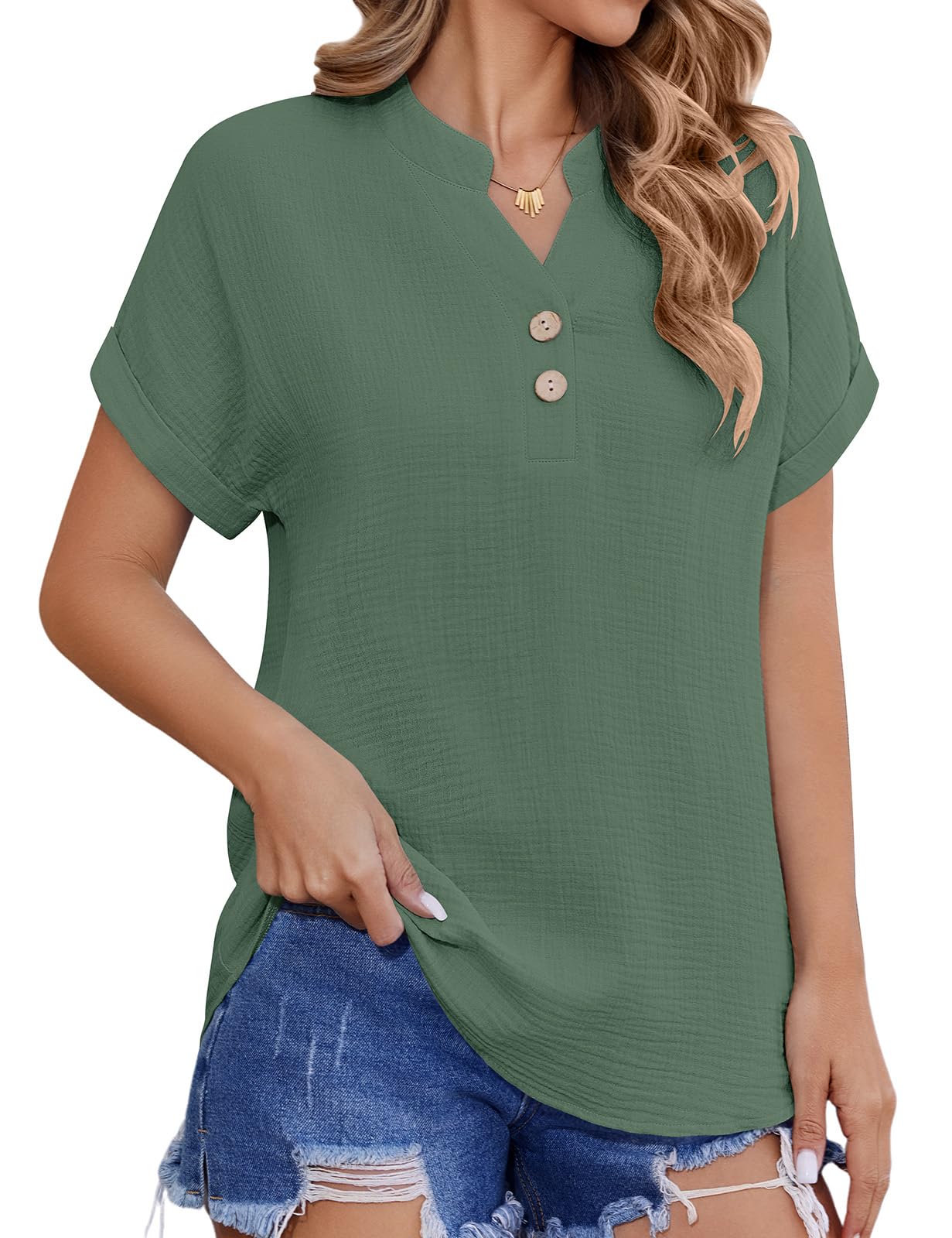 CMTOP Bluse Damen Sommer Musselin Blusen Elegant V-Ausschnitt Hemdbluse Kurzarm Hemd Oberteile Baumwolle Blusenshirt Lässiges Lockere Basic Tunika Shirt