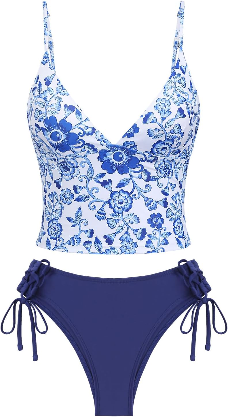 Lace Jacquard Bowknot Decor Ruffles Tankini Set