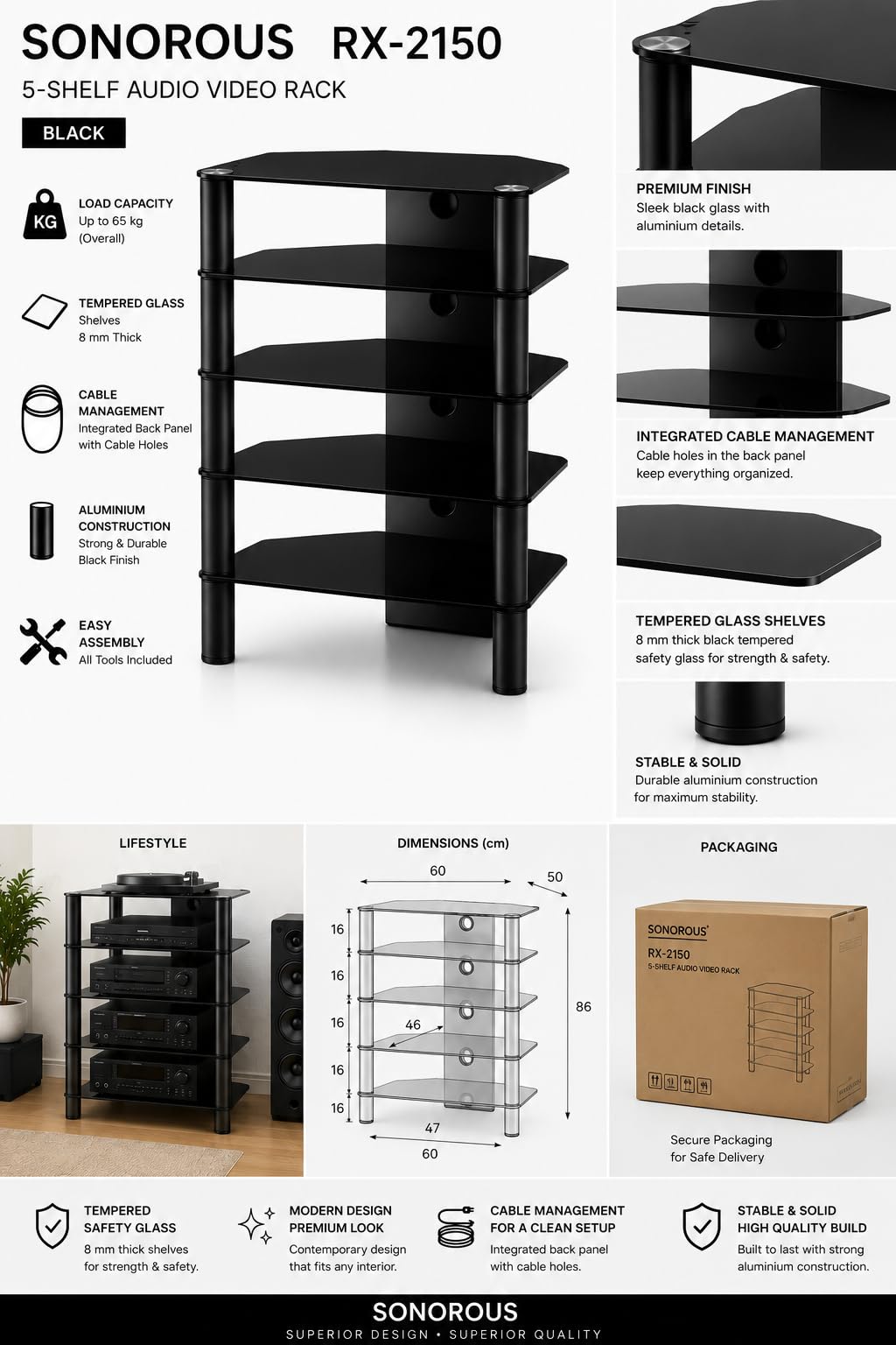 RO&CO - Mueble HiFi de 5 estantes. Vidrios Negros/Chasis Negro- Ref. 2150-RN