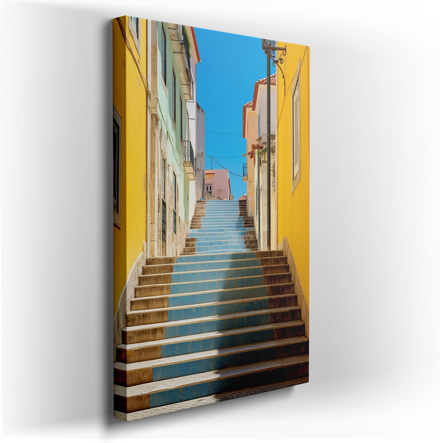 Canvas for Living room. Climbing to the Sky: A Colorful Journey Between Sun-Kissed Yellow Walls, 27 x 18 inch Canvas Wall Art - Modern Home Decor