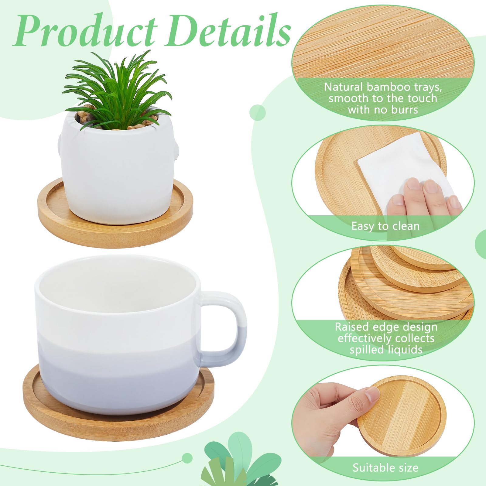 40 posavasos redondos de bambú de 8 cm y 10 cm, posavasos de madera natural para plantas, platillos circulares de bambú para manualidades, macetas de mesa, suculentas, bebidas, hogar, cocina