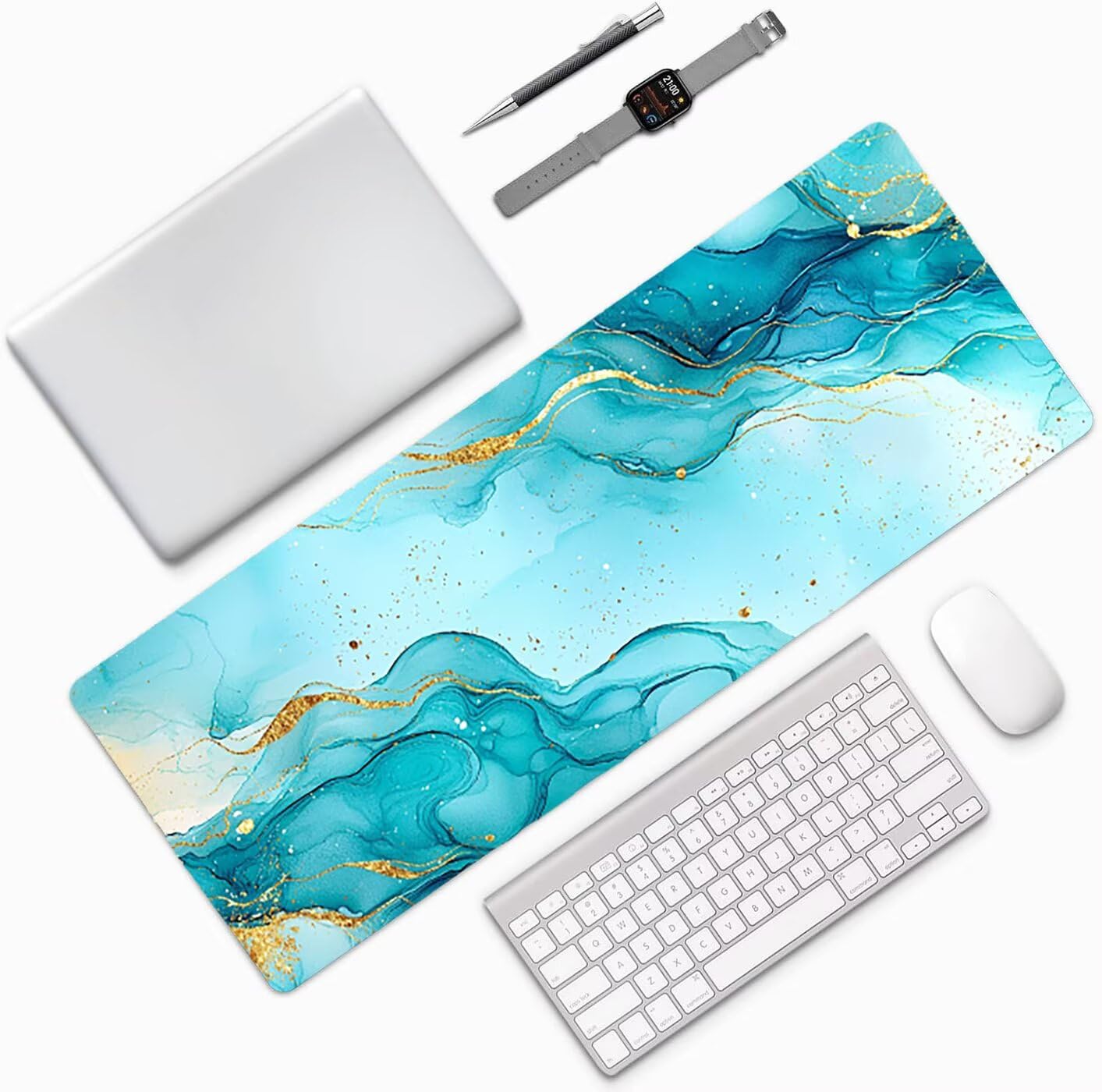 Lpfieonn Marmormuster Großes Schreibtischunterlage, XXL Schreibtischunterlagen, Blau XXL Wasserdicht Gaming Mousepad mit Vernähter Rand und Rutschfeste Gummibasis, für Hause/Büro 120x60cm PF-2341