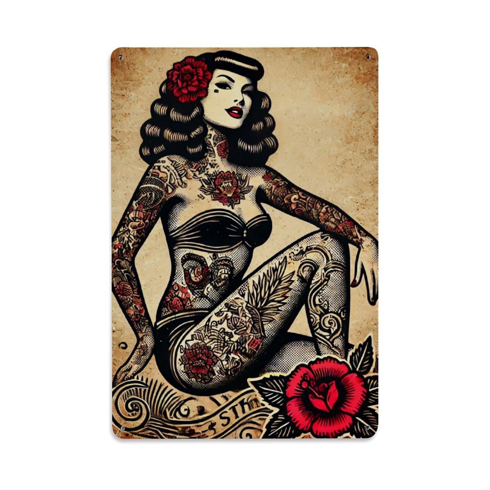 Jdfenggu Girls Vintage Tattooed Pinup With Roses Retro Metal Tin Sign, Metal Poster For Bar, Home, Man Cave, Kitchen, Laundry Room Art Decor 8X12 Inch