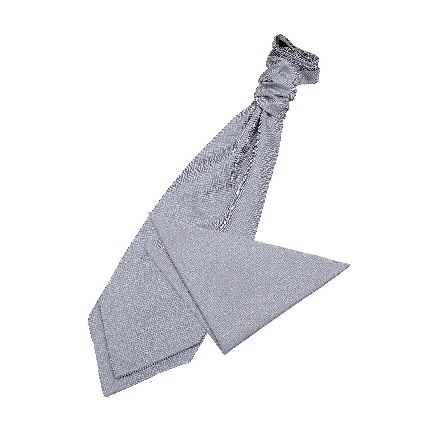 DQT Mens Greek Key Jacquard Cravat & Pocket Square Set – Wedding Business & Formal Scrunchie Ascot Set - Silver