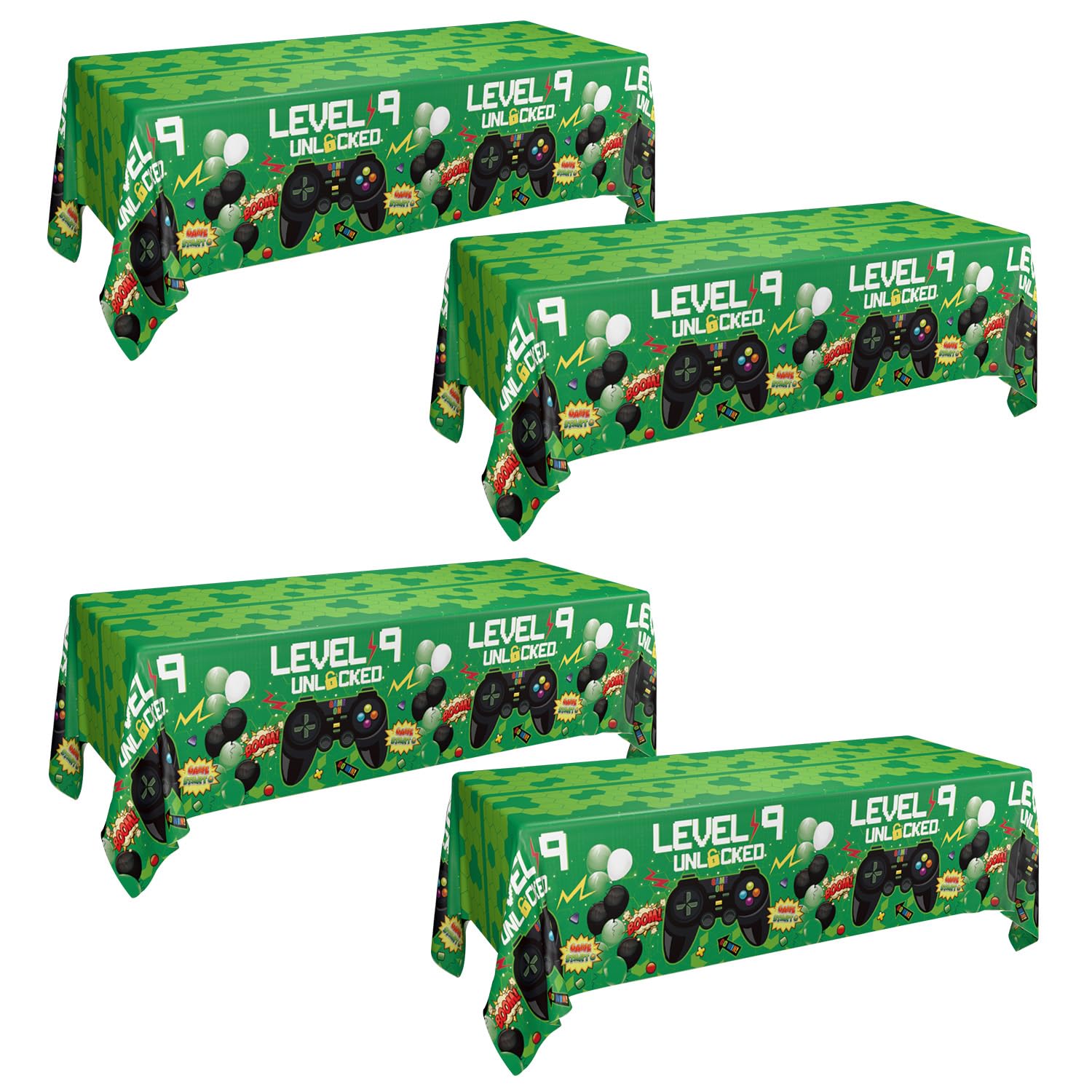 PIXHOTUL 4 Pcs Video Games Party Tablecloths, 9th Birthday Decorations Boy Level 9th Up Green Plastic Table Cover for Boy Level 9 Unlocked Video Game Birthday Party Supplies