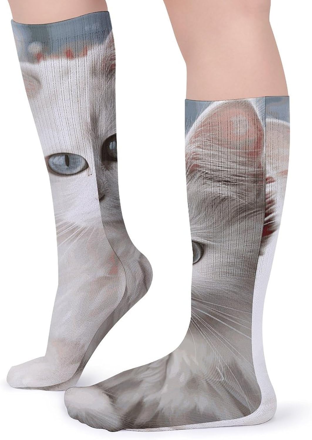 5-Pack Knee High Socks, 15.7 Inch Breathable Casual Socks Cute White Cat Stockings for Men Women