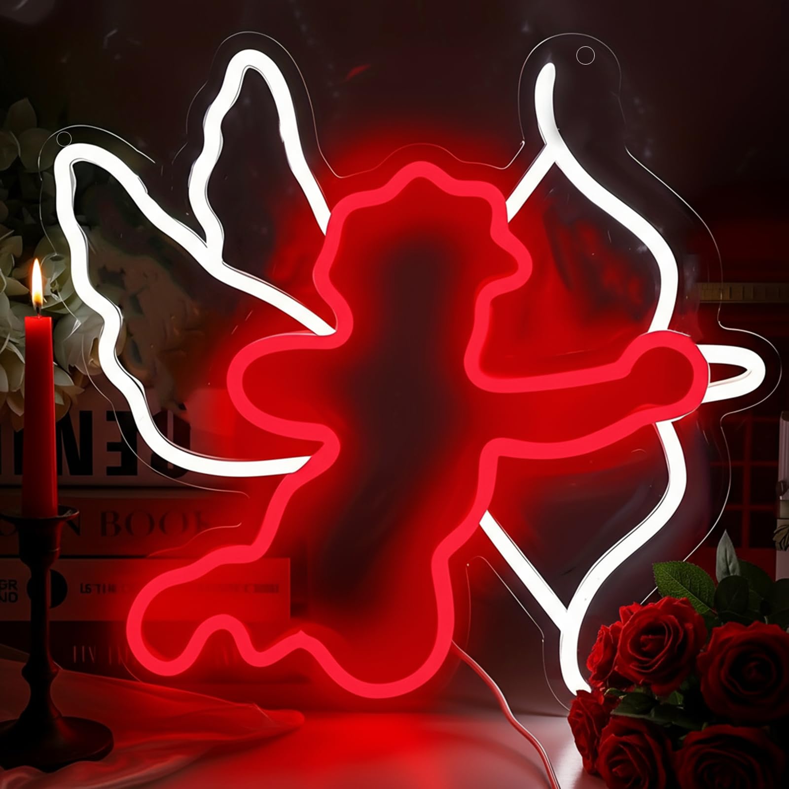Amors Pfeil Neonschild 35 x 32 cm – rote und weiße LED-Wandleuchte, USB-betrieben mit einstellbarer Helligkeit, romantische Valentinstagsdekoration für Schlafzimmer, Restaurant, Party und Hochzeit