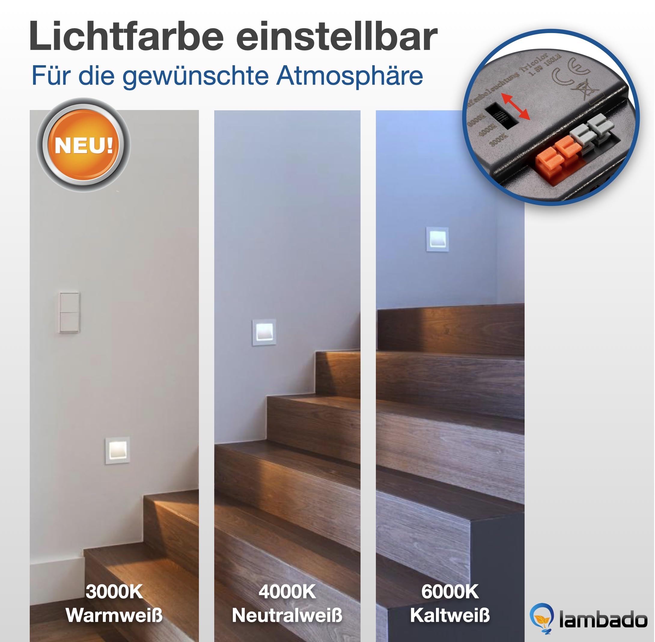 lambado® LED Treppenbeleuchtung mit Bewegungsmelder in weiss eckig - Stufenbeleuchtung mit 1,5W 230V für Ambiente & Sicherheit im Dunkeln
