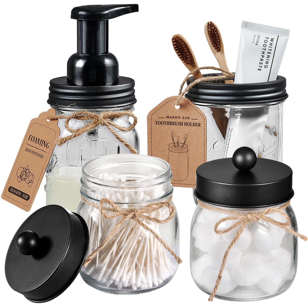 AmolliarMason Jar Bathroom Accessories Set 4 Pack - Foaming Soap Dispenser&2 Qtip Holders&Toothbrush Holder-Rustic Farmhouse Decor Bathroom Organizer Apothecary Jar Country Countertop (Black)
