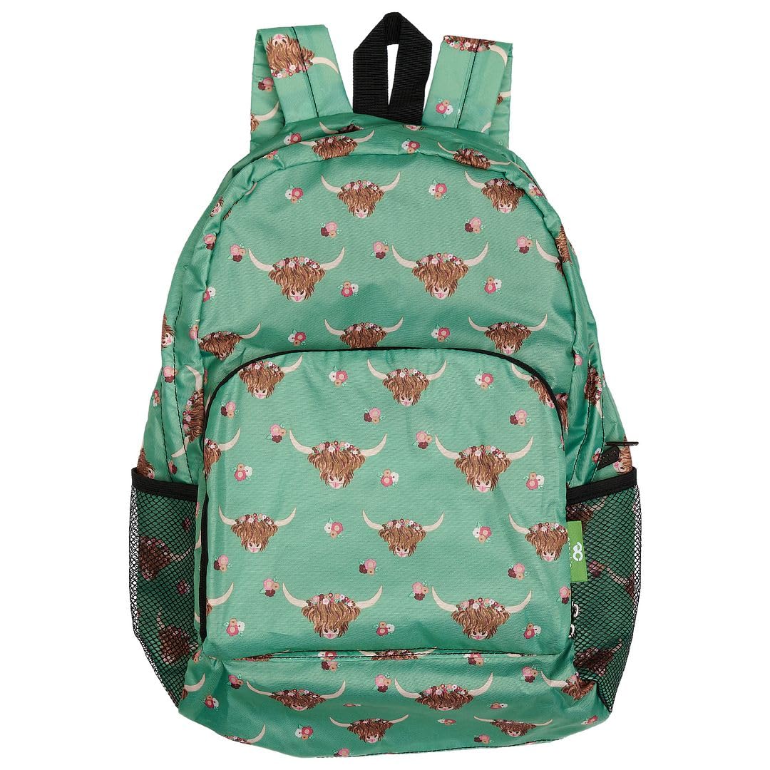 Eco Chic Lightweight Foldable Water Resistant Backpack Rucksack Folds into Pouch for Storage (Floral Highland Cow Green)