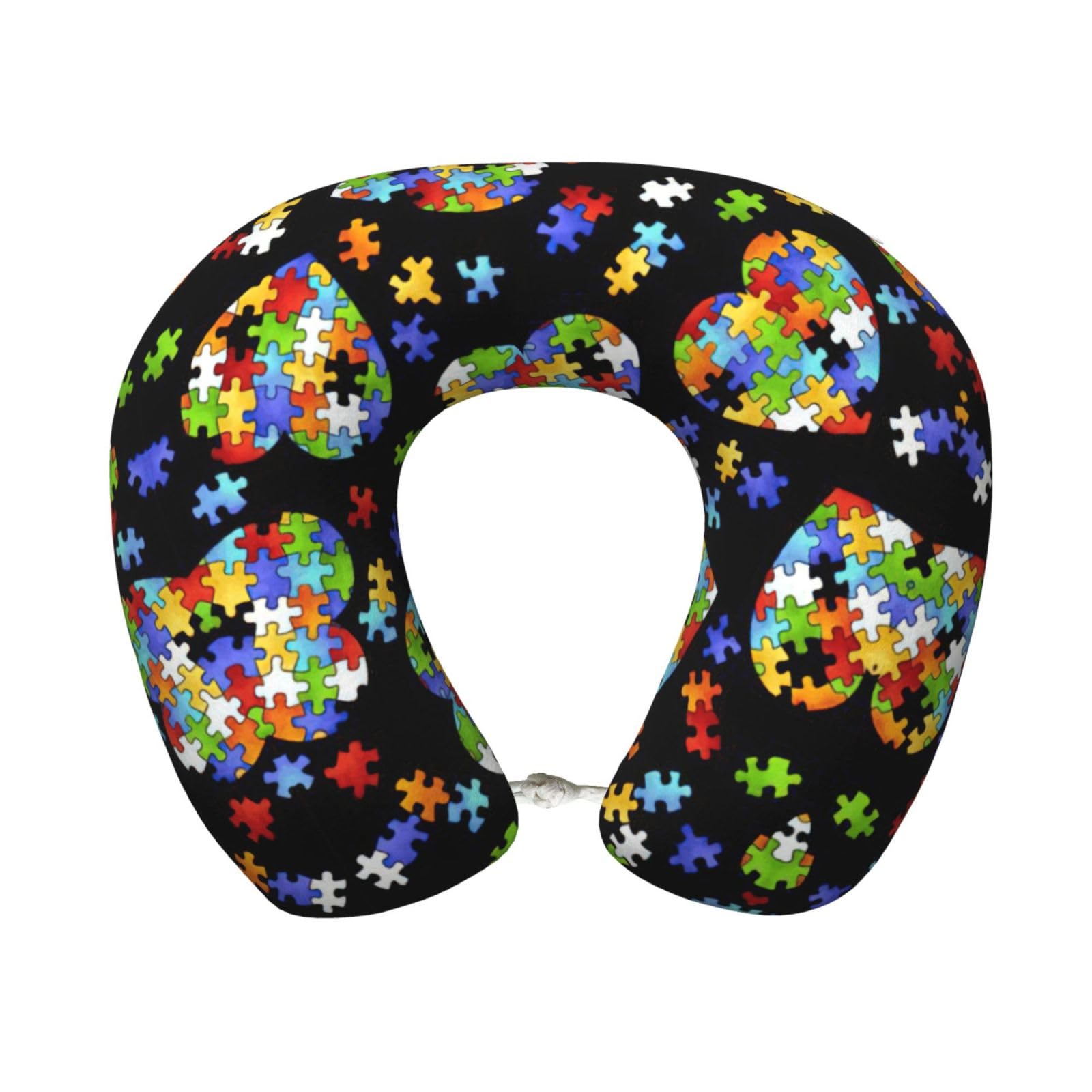 RRhgipp Autism Awareness Puzzle Pieces Heart Travel Neck Pillow Airplane Train Car Washable Pillowcase U Shaped Office Napping Pillow