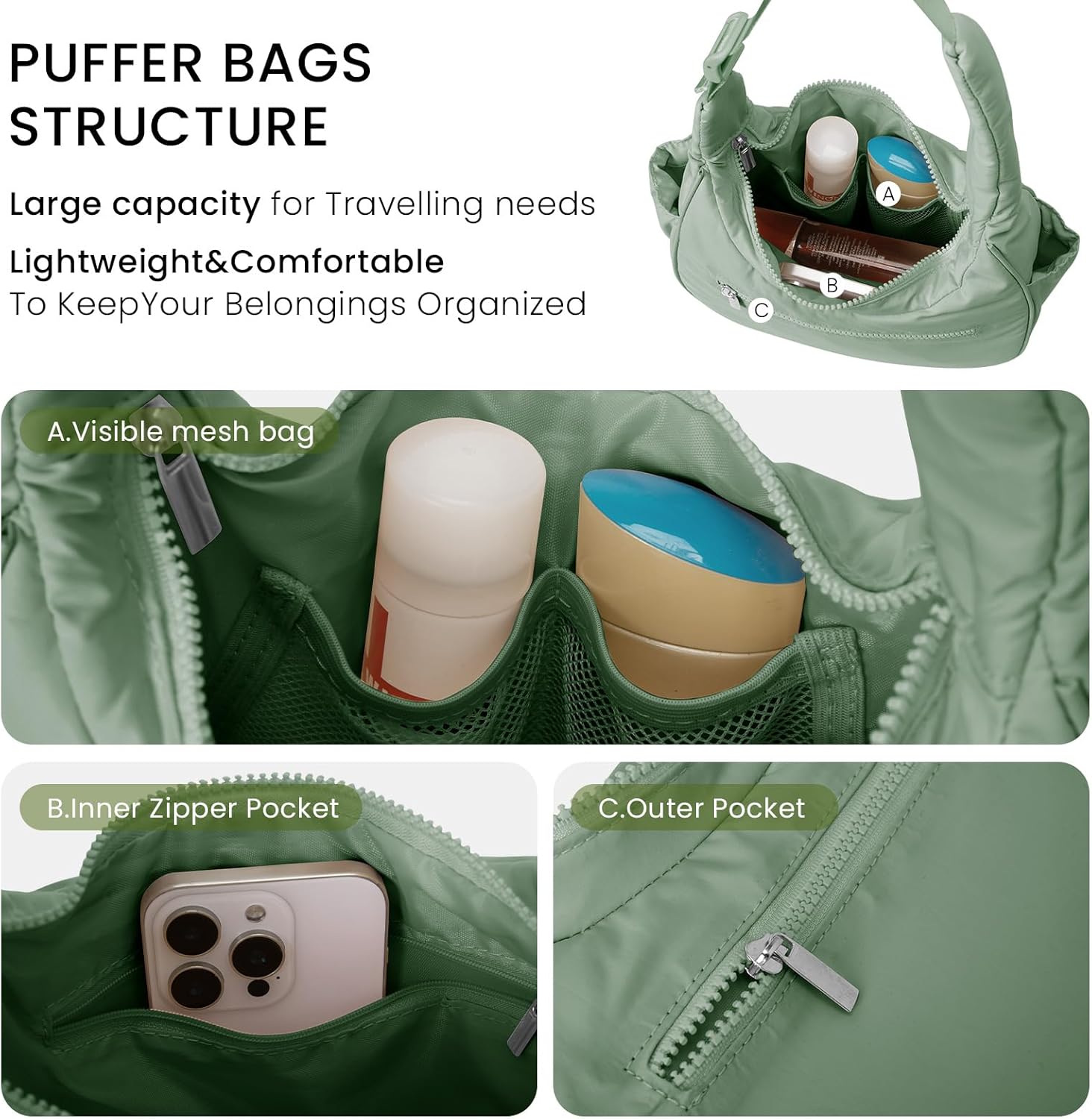 Small Puffer Crescent Shoulder Bag for Women Lightweight Water-Resistant Nylon Purse with Adjustable Strap & Multiple Pockets - Image 4