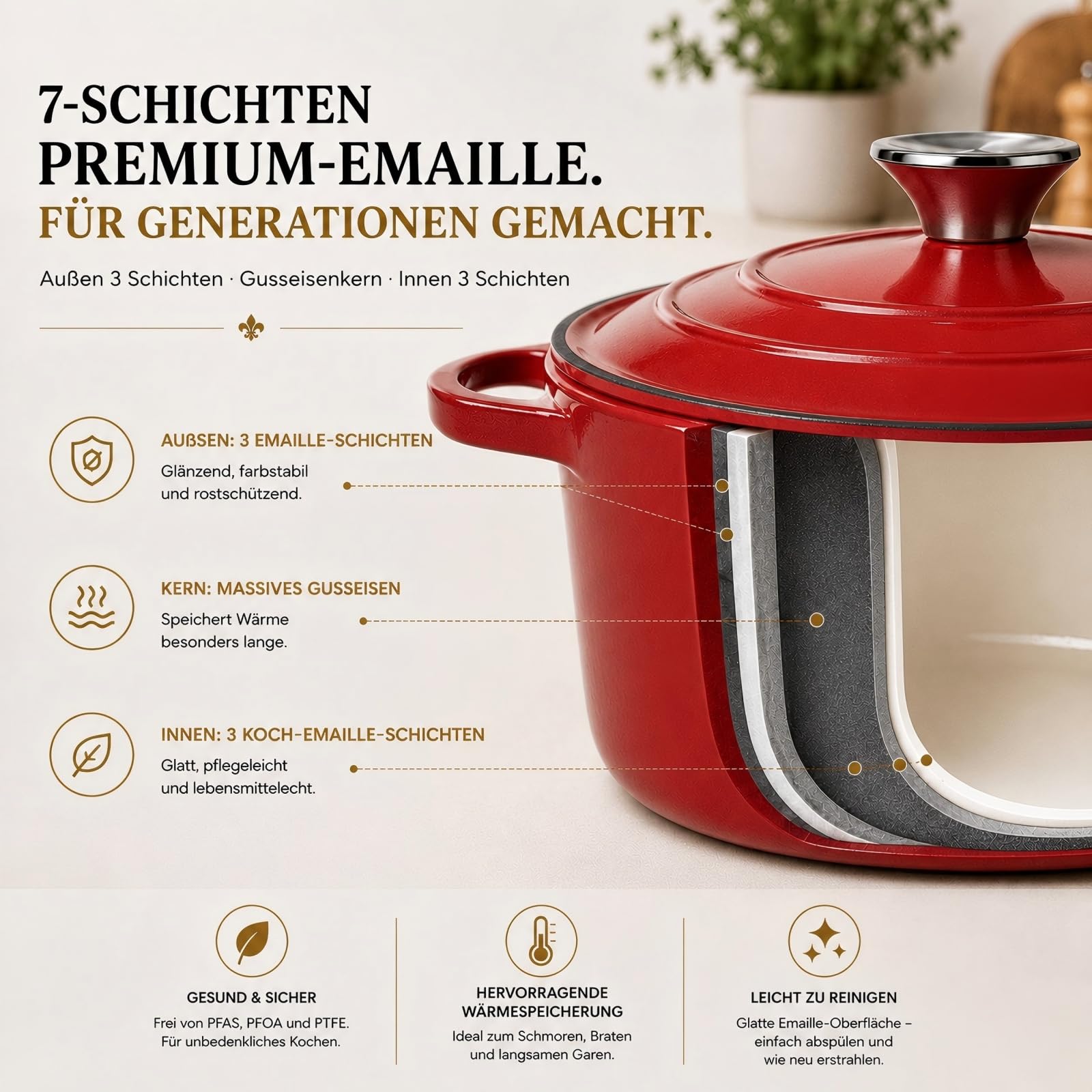 AHJ Topfset Gusseisen Emailliert, 4-teiliges stapelbares Schmortopf Set mit 4,5L Brotbacktopf/Dutch Oven, 2,5L Bräter, 1,2L Grillpfanne und Deckel, antihaftend, backofengeeignet bis 260°C, Rot | Inklusive Brottopf 4,5 L, Bräter 2,5 L, Grillpfanne 1,2 L un