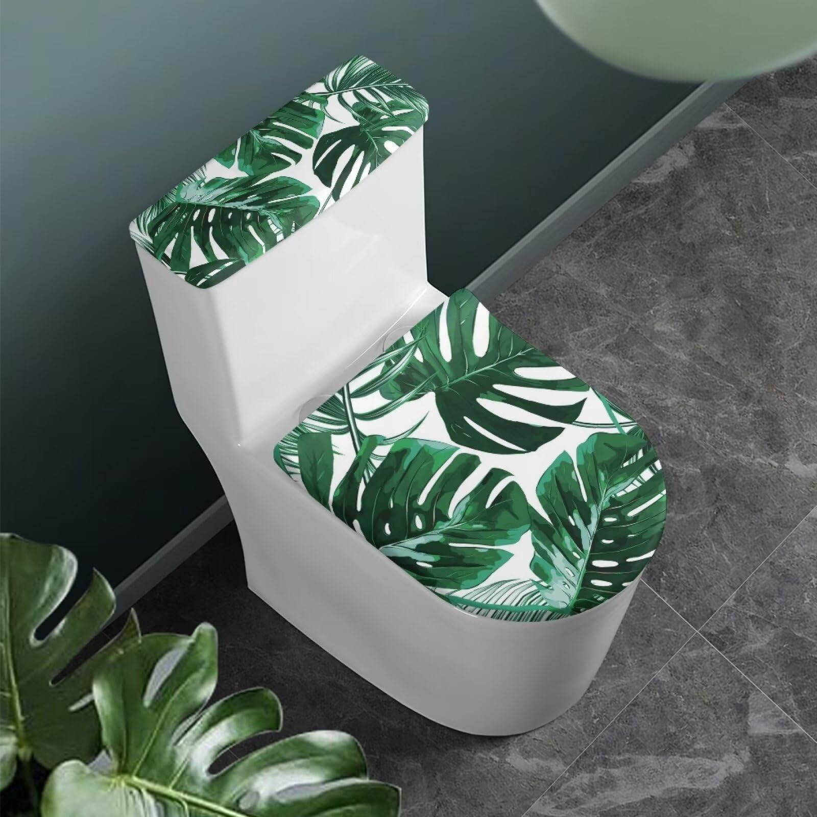 JSLXYYBQ Tropical Leaves Toilet Lid Cover Set of 2,Green Leaf Print Toilet Seat Lid Cover for Bathroom Decor,Novelty Toilet Tank Accessories Toilet Seat Covers Fit Most Round Elongated and Oblong Lids