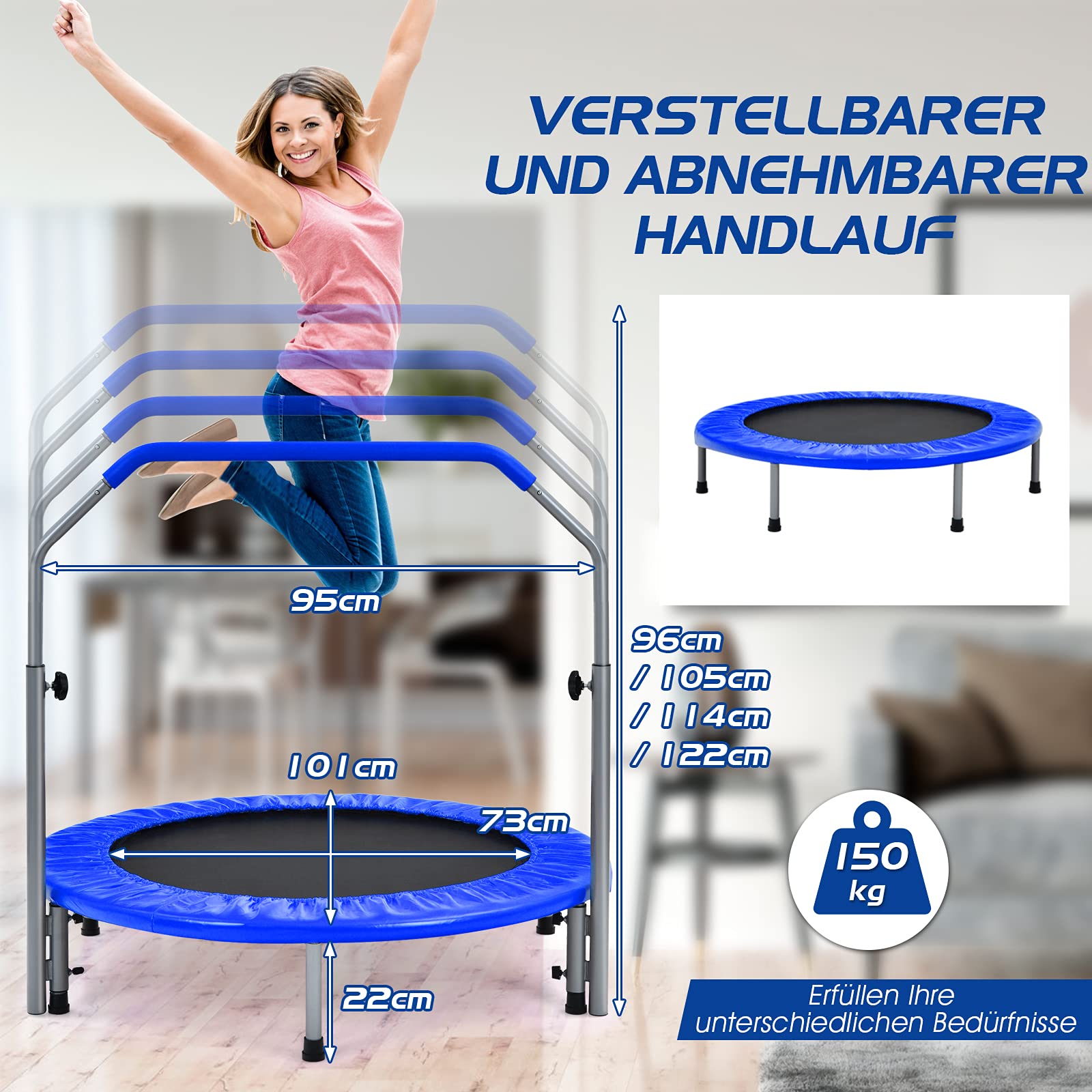 COSTWAY φ101cm Mini Trampolin mit höhenverstellbarm Haltegriff, Fitness Trampolin faltbar, Kindertrampolin, Gartentrampolin bis 150kg belastbar für Kinder, Erwachsene