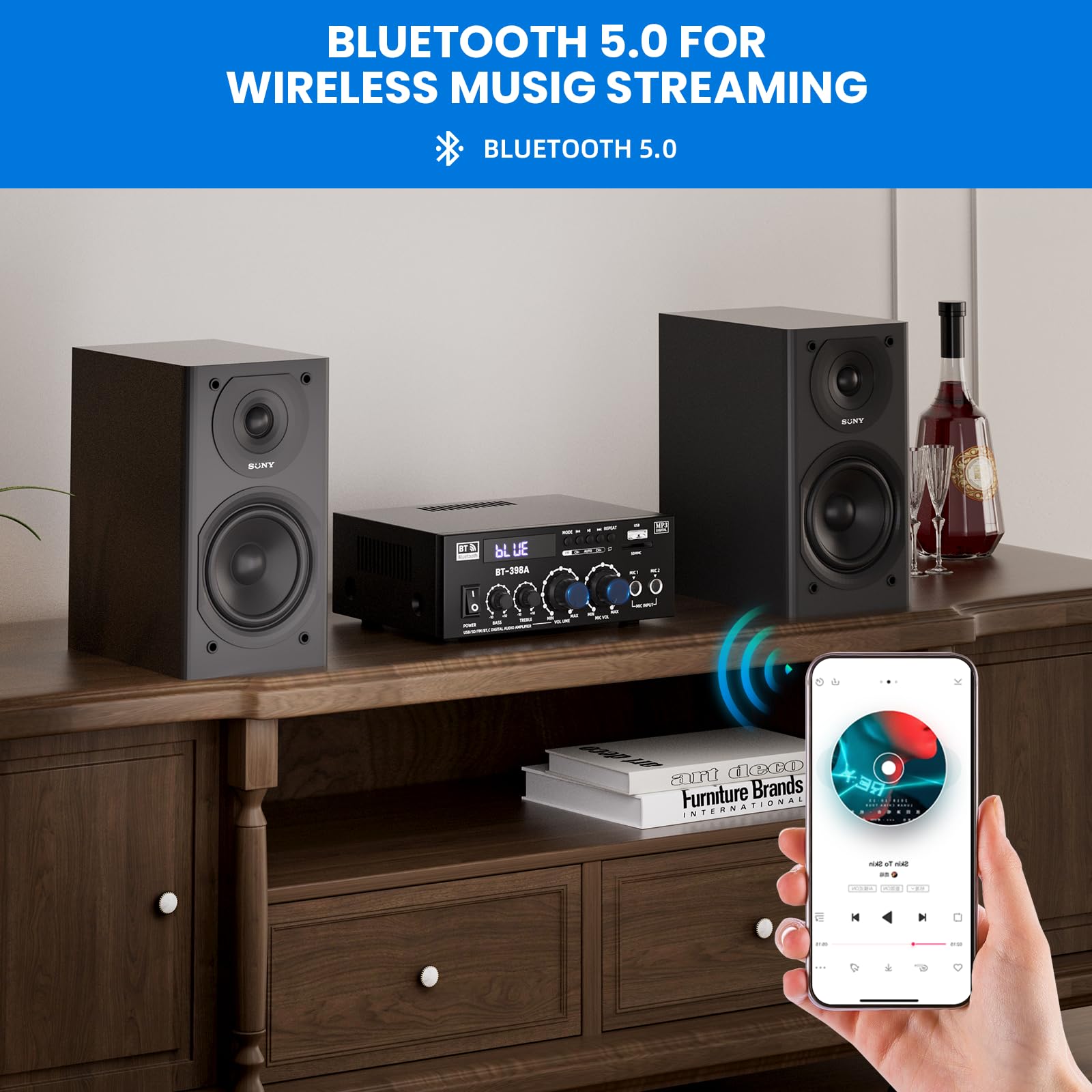 Amplificatore Audio Stereo, 600W 2 Channel Bluetooth 5.3,RMS 60W X 2，Radio Portatile per Auto o Casa,Home Theater,Altoparlante Auto W/Mic USB FM Radio (398A)