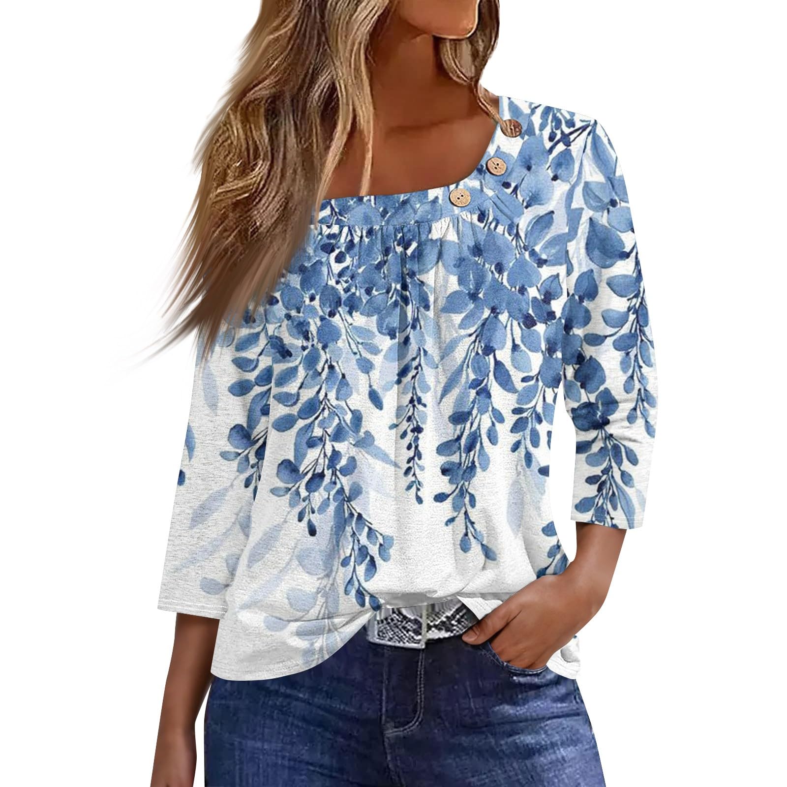 Womens Tops 3/4 Sleeve Boatneck Elegant Soft Shirts Loose 2024 Print Blouse Three Quarter Length T Shirt Summer Pullover
