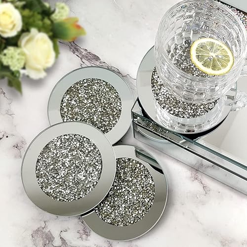 Miniatura 10 de GIMORRTO Tapete de cristal con espejo, tapete redondo de diamante triturado, decoración de 10 pulgadas en la mesa para bar, herramientas, mesa de