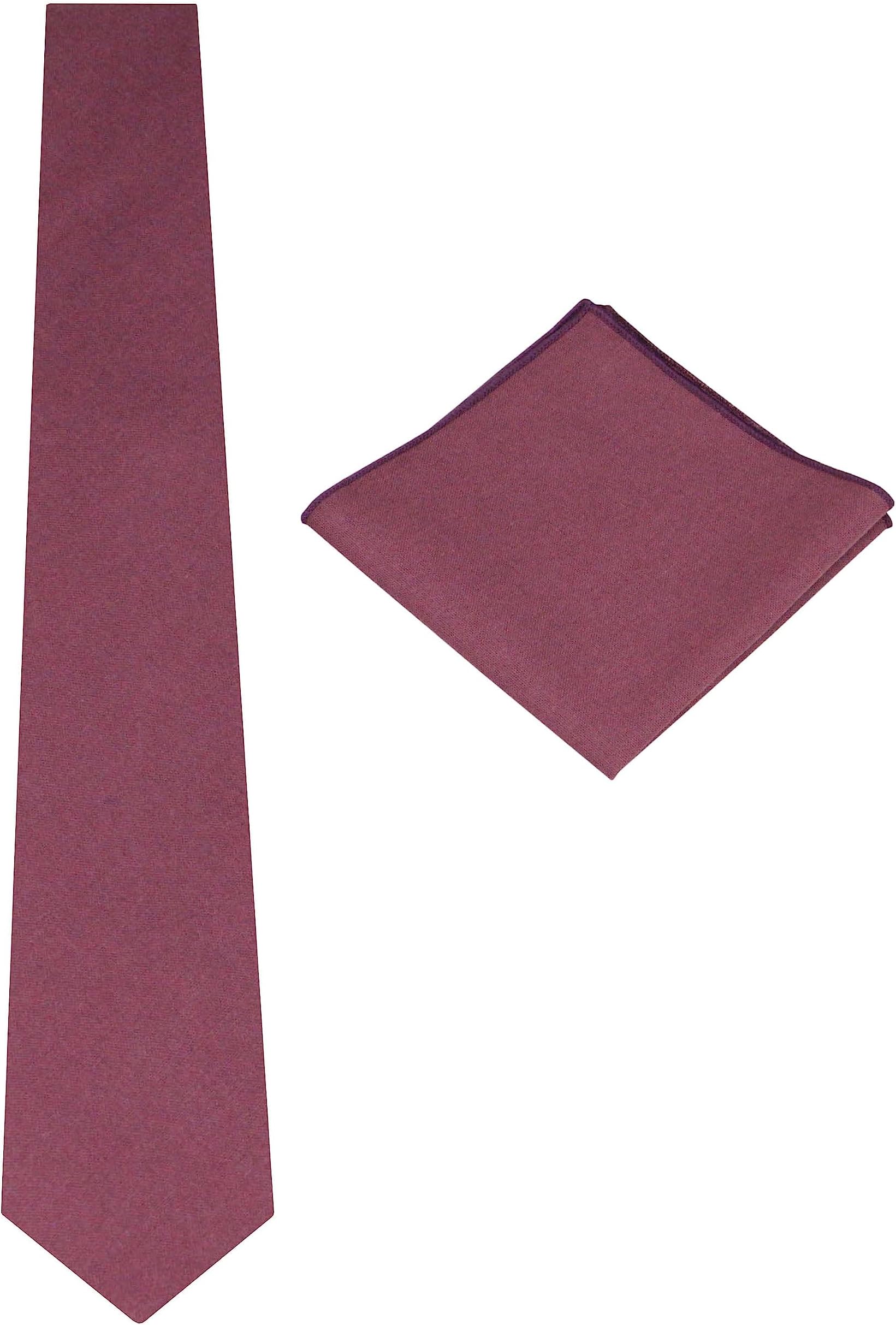 Mens Solid Linen Tie Set : Slim Necktie with Matching Pocket Square (Chianti)