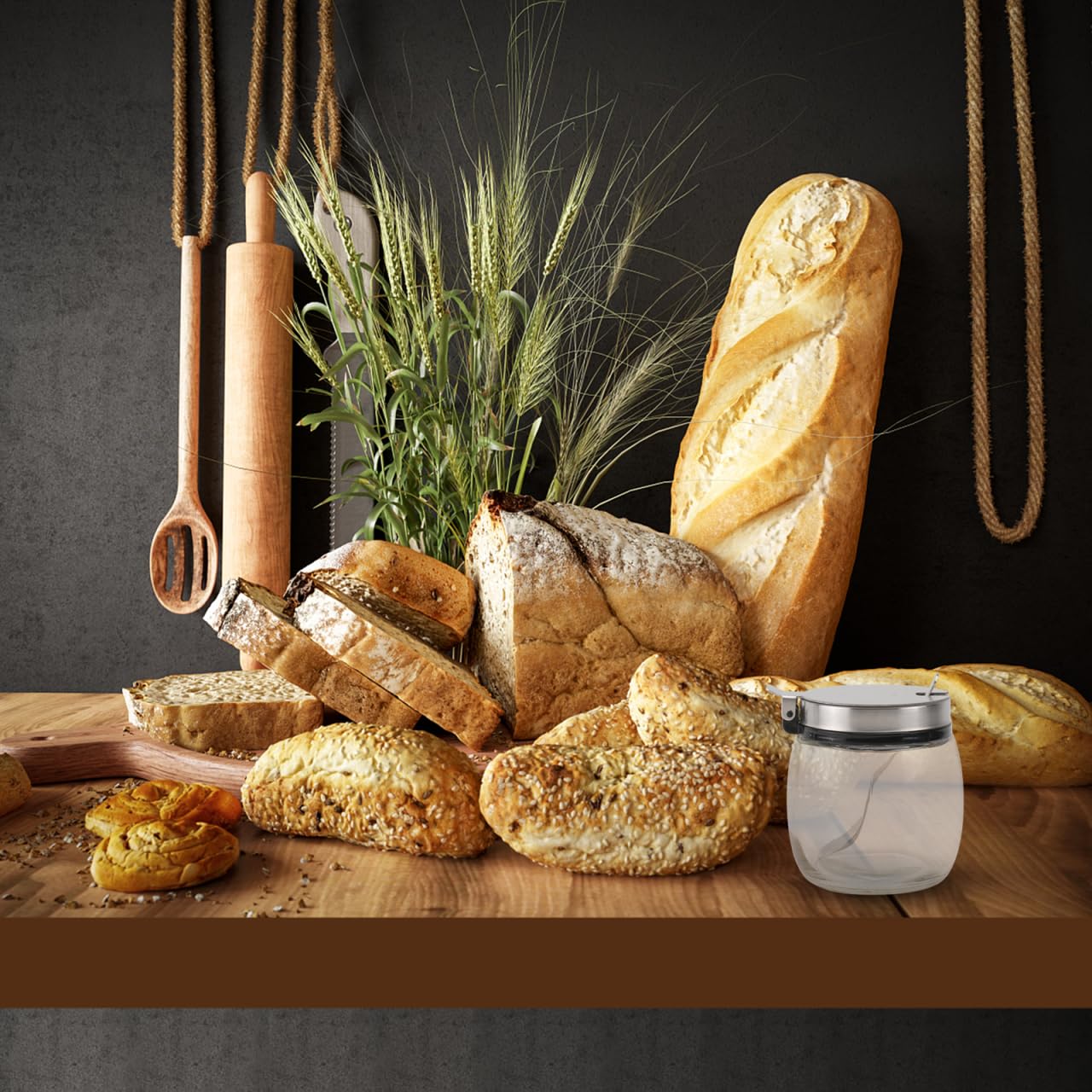 2 tarros redondos de vidrio para especias con tapas y cucharas de acero inoxidable, recipientes versátiles para condimentos para almacenamiento de sal, pimienta y condimentos en cocina, café y 2