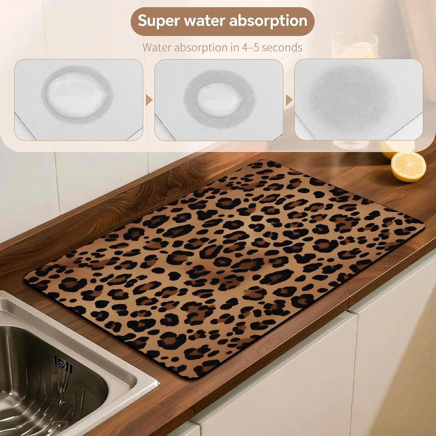 Leopard Print Drying Mat for Kitchen Counter 20x28 inch, Diatomite Dish Drying Mat, Non-Slip, Absorbent Dish Drainer Pad for Coffee & Utensils, Kitchen Decor Mats