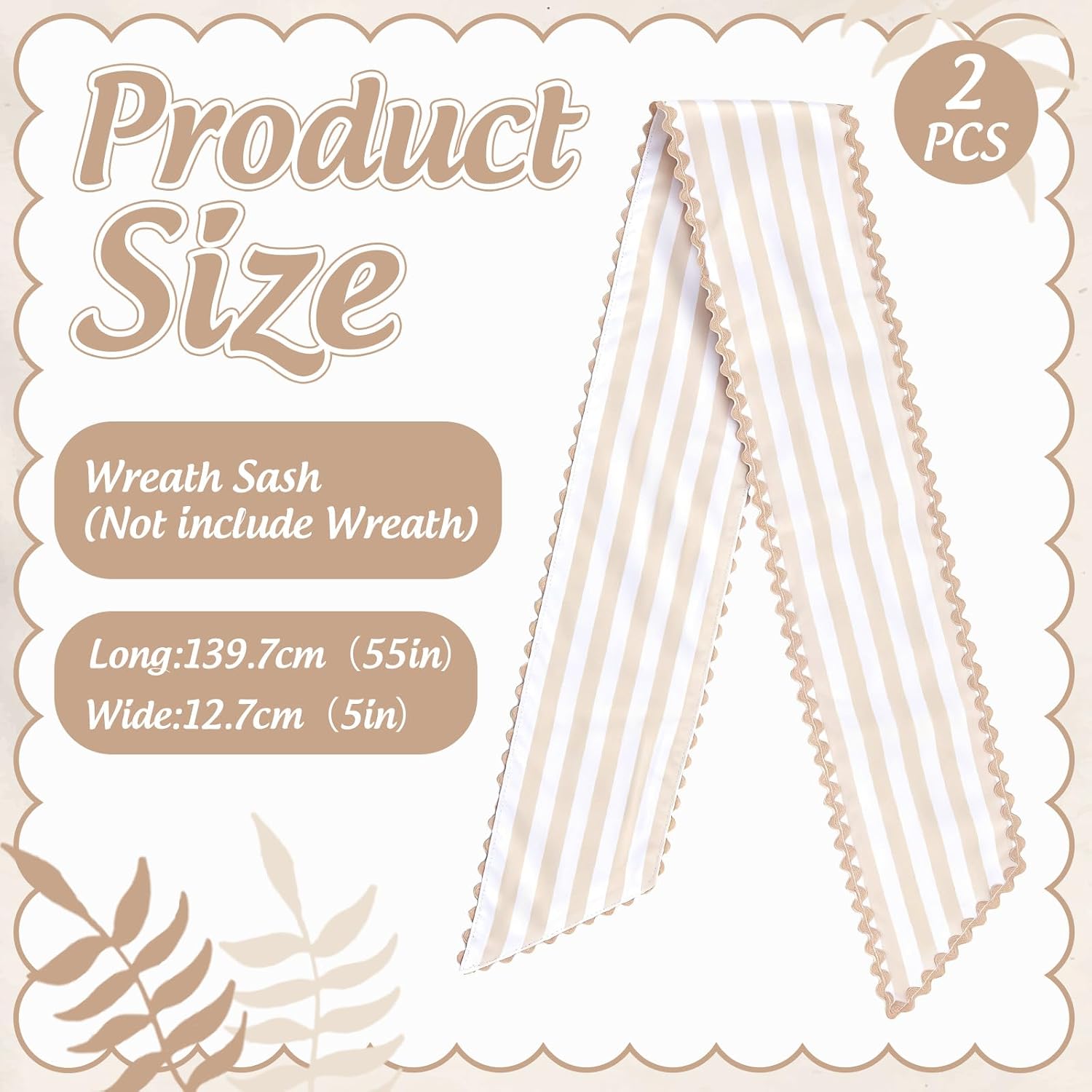 AnyDesign Striped Scalloped Wreath Sash for Front Door, 2 Pcs, Beige | Stripe, Satin Wreath Sash, for Wedding Farmhouse Party Decoration Supplies, 5 x 55 In