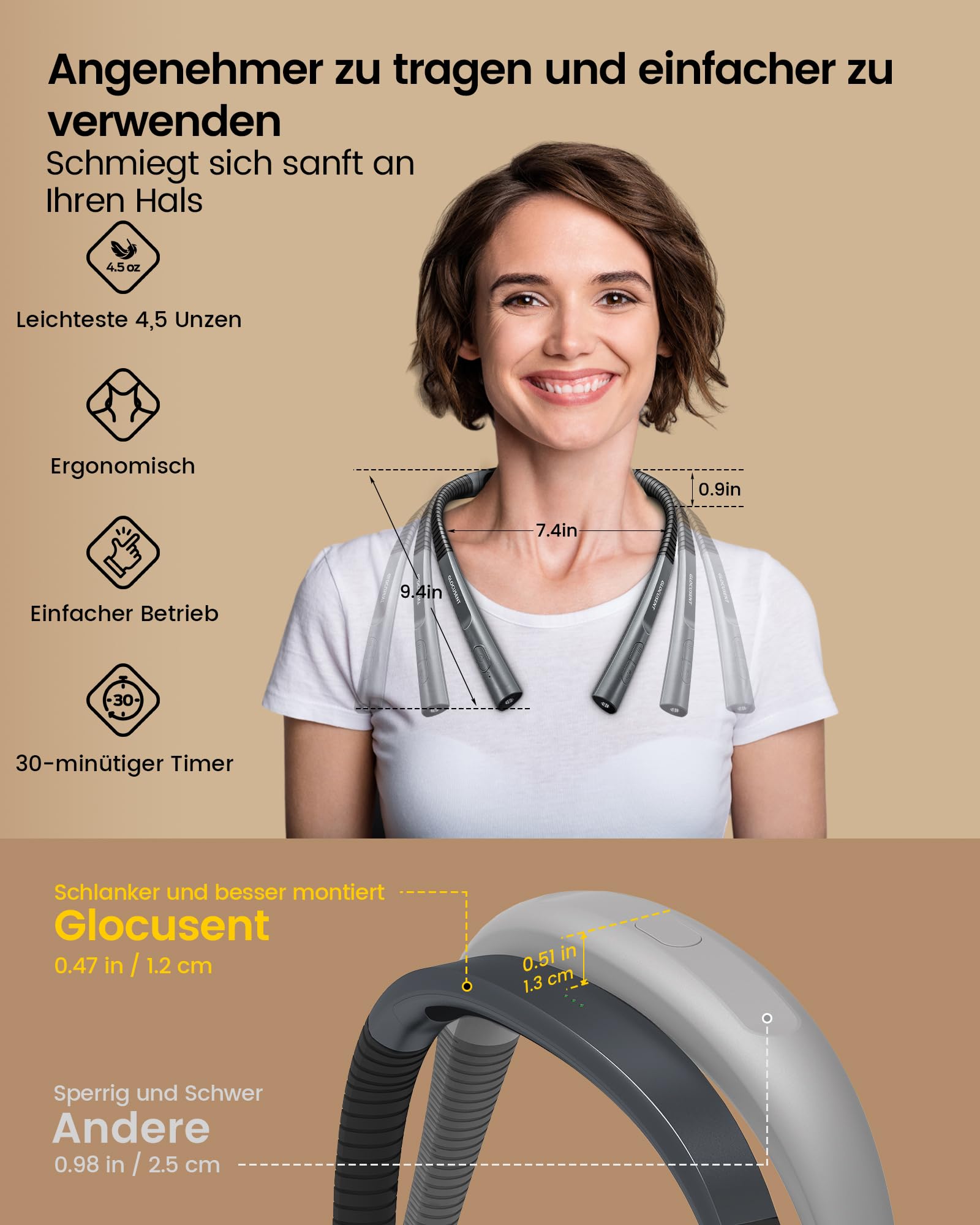 Glocusent Verbesserte Leselampe Hals, Ergonomische Nackenlampe mit 30-Min Timer, 3 Farben & 3 Helligkeiten & Ergonomische Leselampe mit 1600mAh Akku, 3 Farben & 5 stufenloser Helligkeit