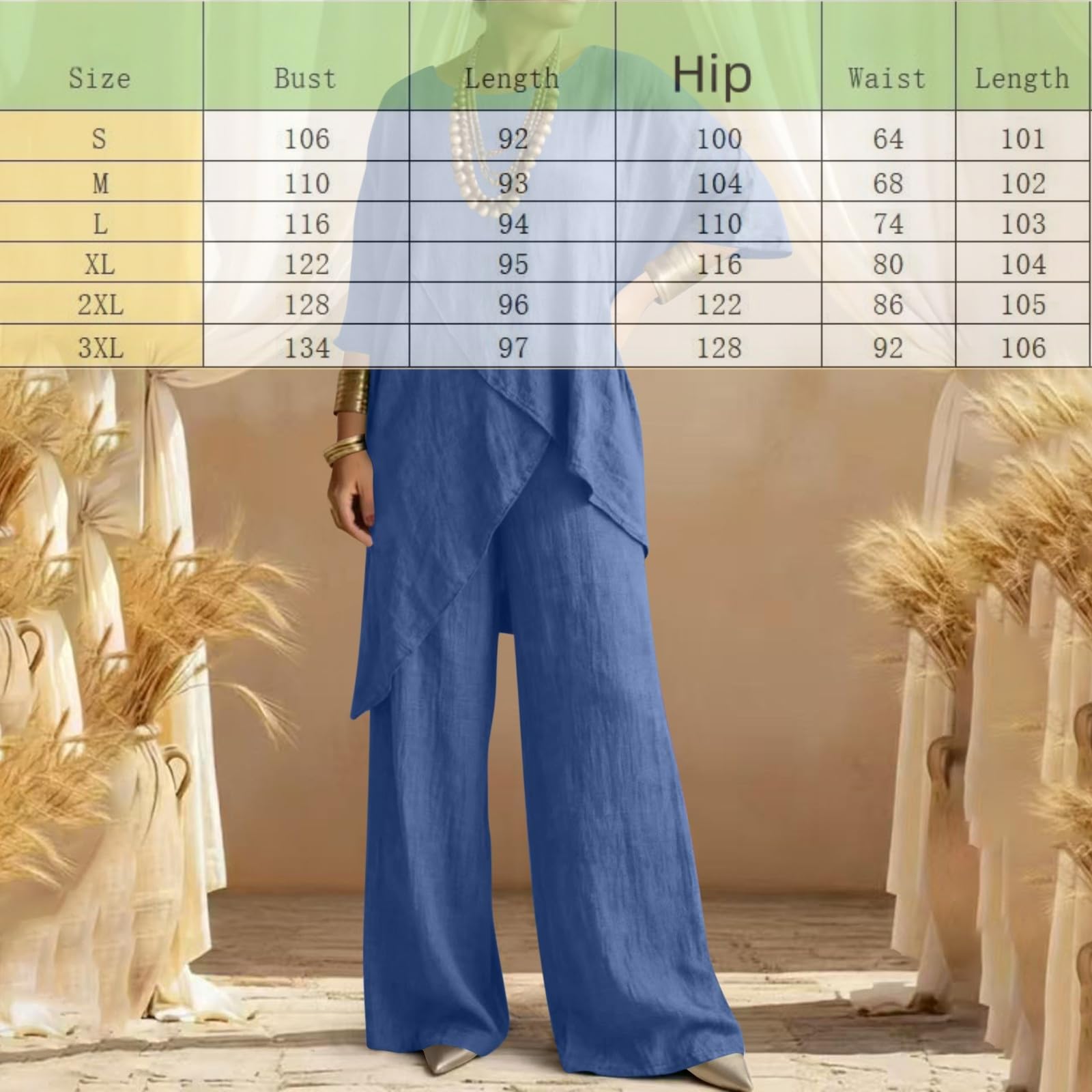 Generisch Completo da donna in cotone e lino con top a girocollo a maniche corte e pantaloni, elegante e casual per l'estate.