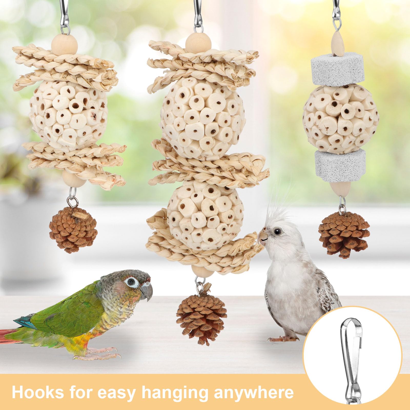 Wontee Bird Toys 3 Pack Parrot Foraging Hanging Toys Sola Ball Natural Nuts Chew Toys for Cockatiels Conures Parakeets Budgies Senegal (3 Pack) - image 6
