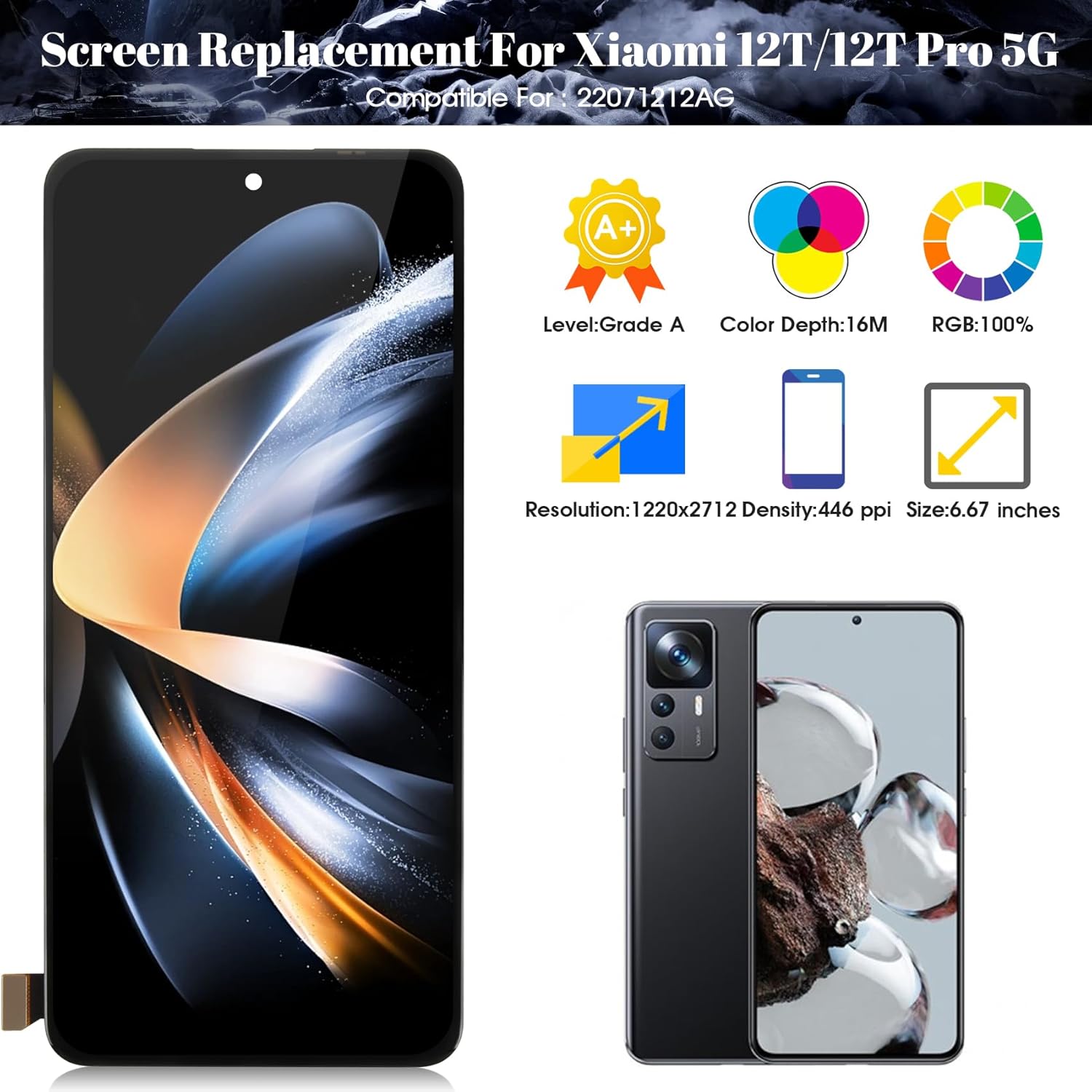 Incell for Xiaomi 12T LCD Display for Xiaomi 12T Pro 5G 2022 Screen Replacemet for 22071212AG Touch Screen Digitizer Display Assembly Repair Kits Without Frame(Black)